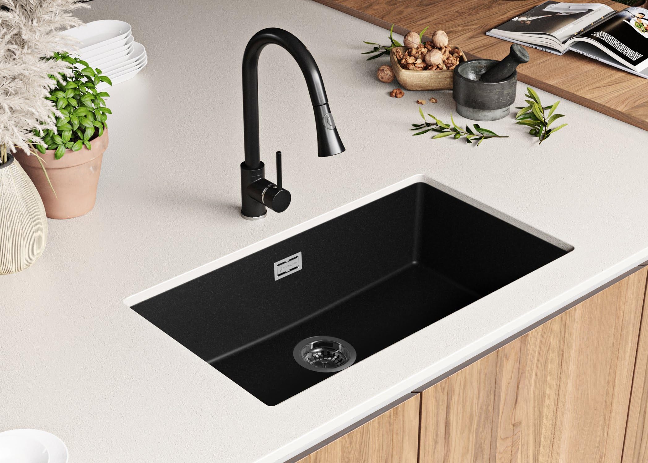 PRIMAGRAN Fregadero bajo Encimera Negro 76x47cm, Cocina 1 Seno + Sifón, Granito al Mueble 80cm - London S477