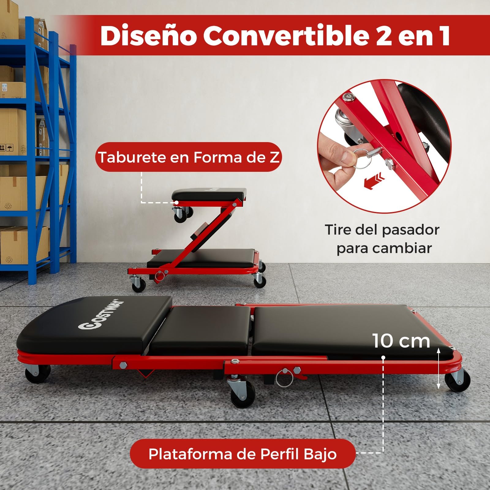 COSTWAY Camilla Mecánico 2 en 1, Taburete Taller Plegable con Asiento Acolchado y 6 Ruedas Universales, Taburete Convertible para Taller, Reparación de Autos, Carga hasta 150 kg (Negro)