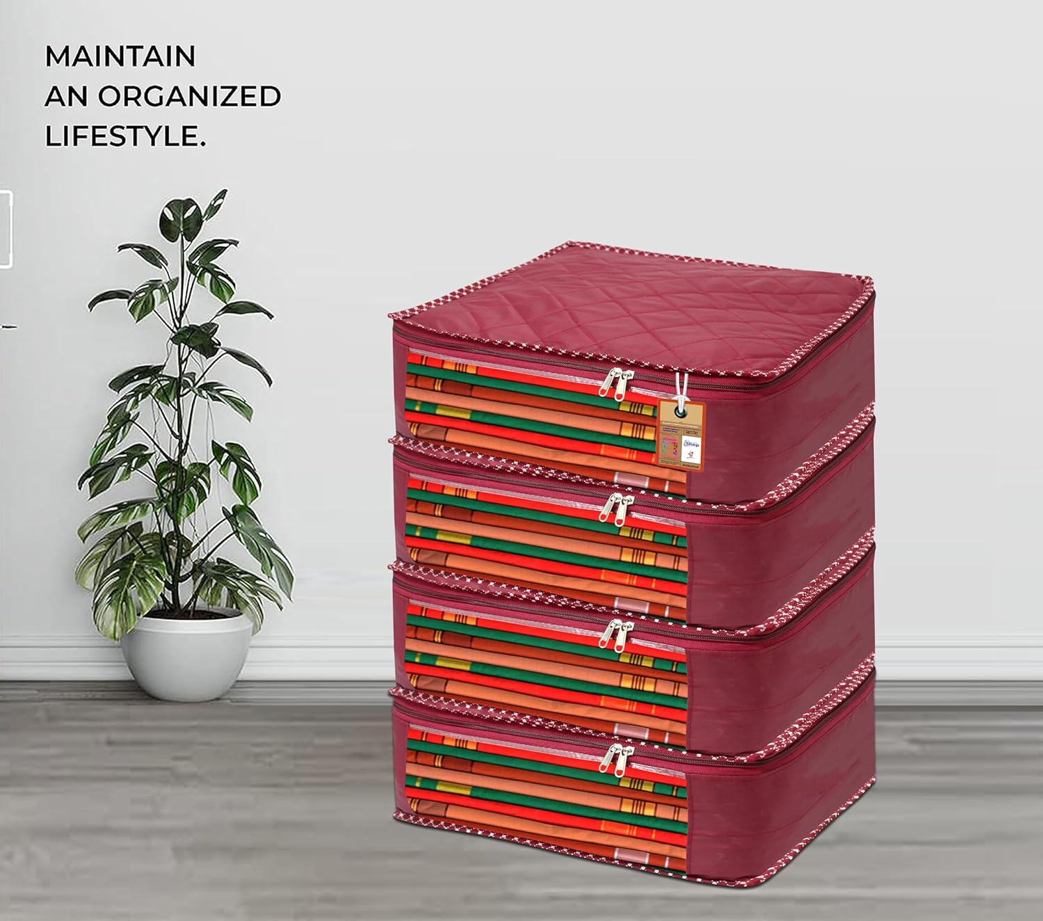 atorakushon Fabric Foldable Saree Covers Garments Clothes Storage Bag Wardrobe Organizers With Double Zip Lock For Lehenga Suit Dress Accessories 4 Pieces Maroon