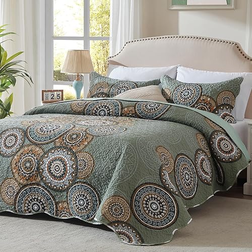 LEAONME Juego de edredón de 3 piezas, tamaño matrimonial, Queen, color verde oliva, ligero, de gran tamaño, de 90 x 98 pulgadas, colcha floral de
