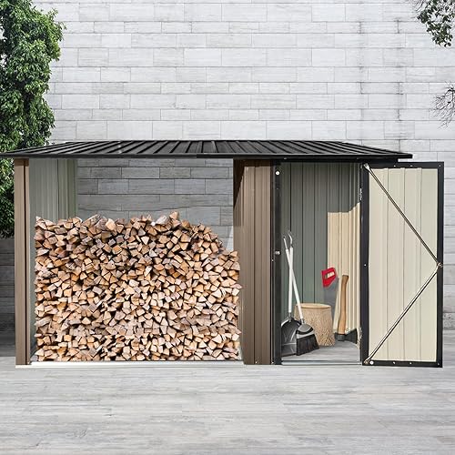 Firewood Rack Outdoor Metal Storage Shed,Two-in-one Function with Sloped Roof and Open Woodshed Design,Tall Door w/a Latch,Waterproof Building Organizer,for Motorcycle,Bicycles,Black+Brown