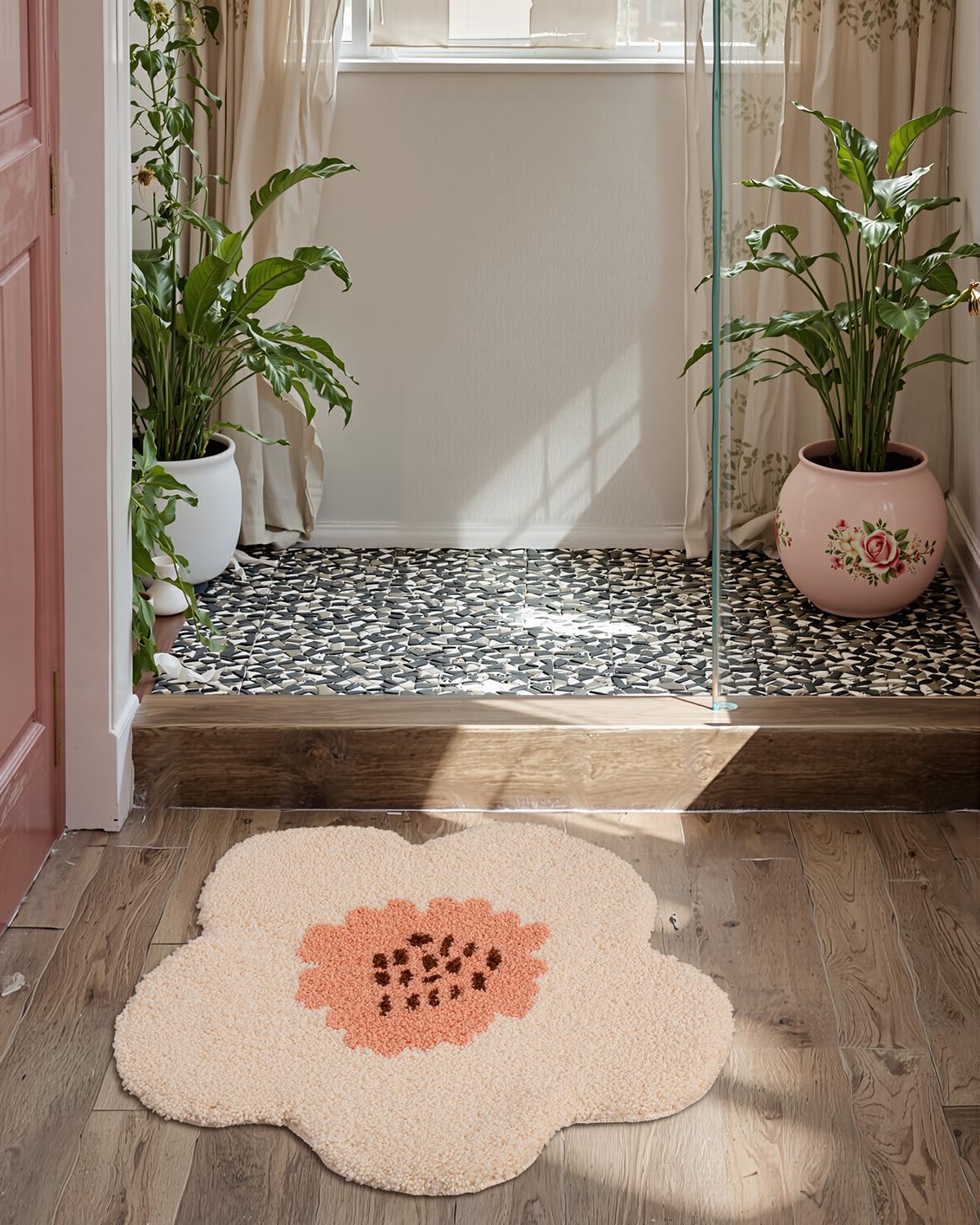 LUMI Tappeto da bagno con fiori, morbido, soffice, assorbente, con retro antiscivolo, lavabile in lavatrice, ideale per bagno, cucina, camera da letto e ingresso, 63,5 x 66 cm, motivo floreale rosa