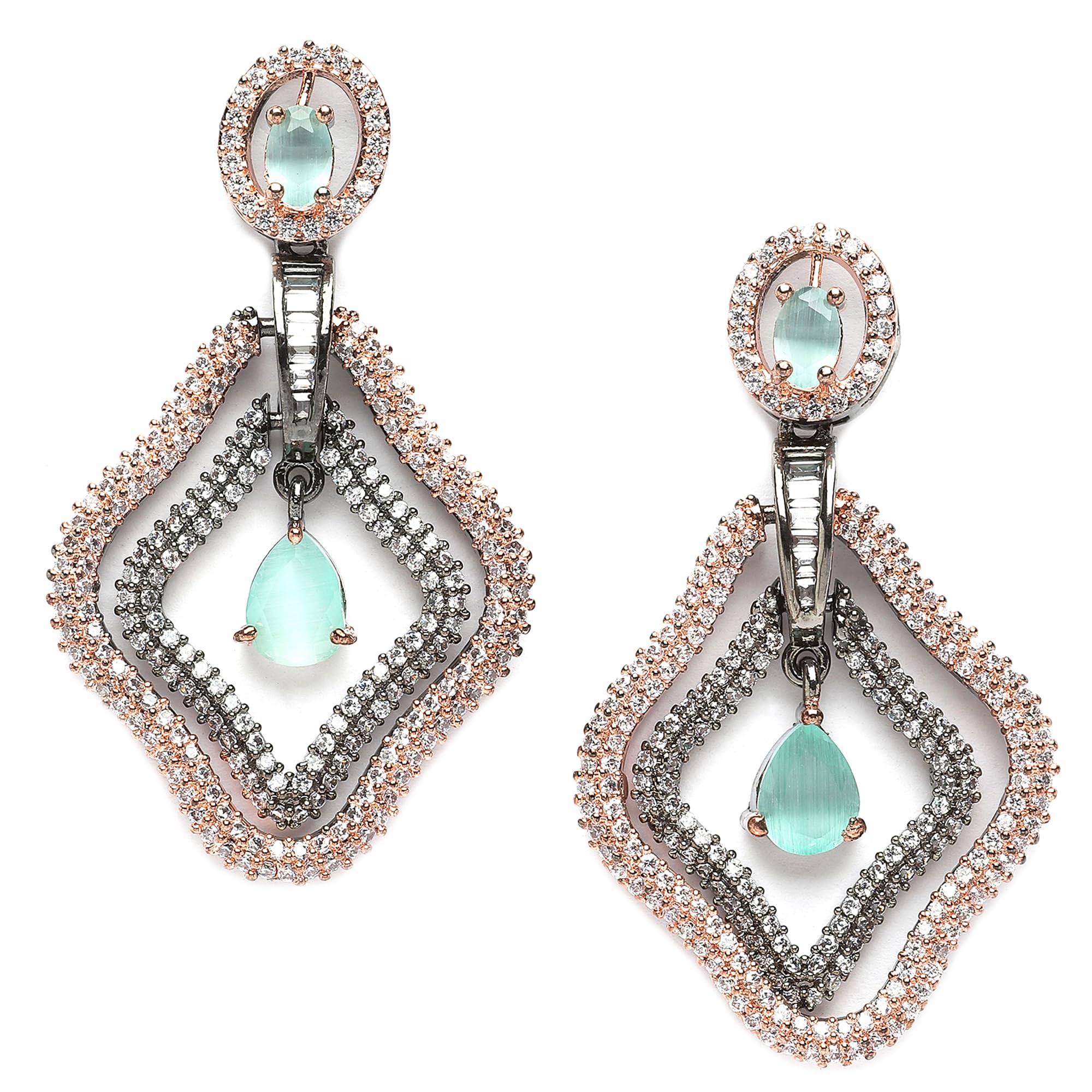 ZENEME Rose Gold-Plated Gunmetal Toned American Diamond Studded Layered Drop Earrings For Girls and Women (Sea Green) (B0CGDDCW2X) Amazon Price History, Amazon Price Tracker