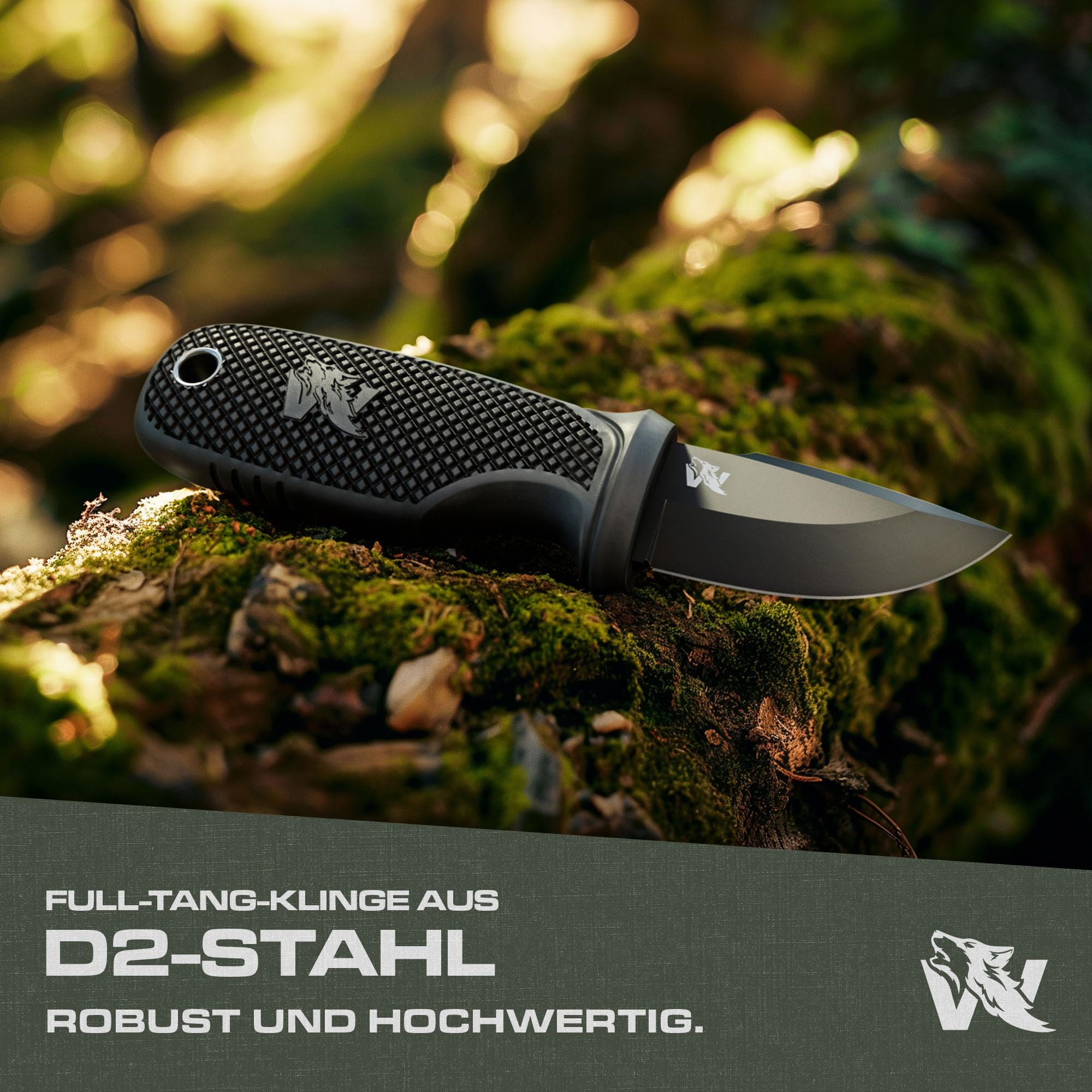 ODENWOLF W-MINI Neck Knife aus D2 Stahl - Kleines EDC Messer Feststehend mit Holster und Feuerstahl - Outdoor Messer Klein und Handlich - Halskette