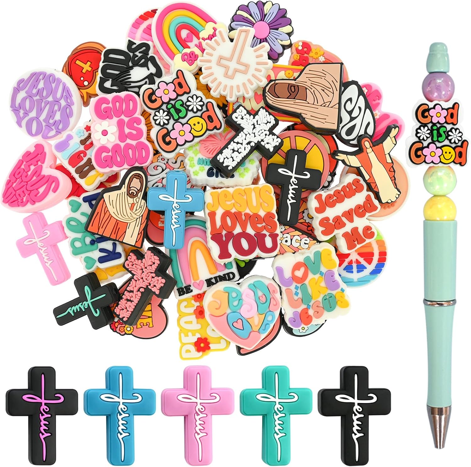 XHAOYEAHX 100PCS Jesus Focal Beads for pens, Bulk Silicone Focal Beads for DIY Beadable Pen Keychain Bracelet Lanyard Making