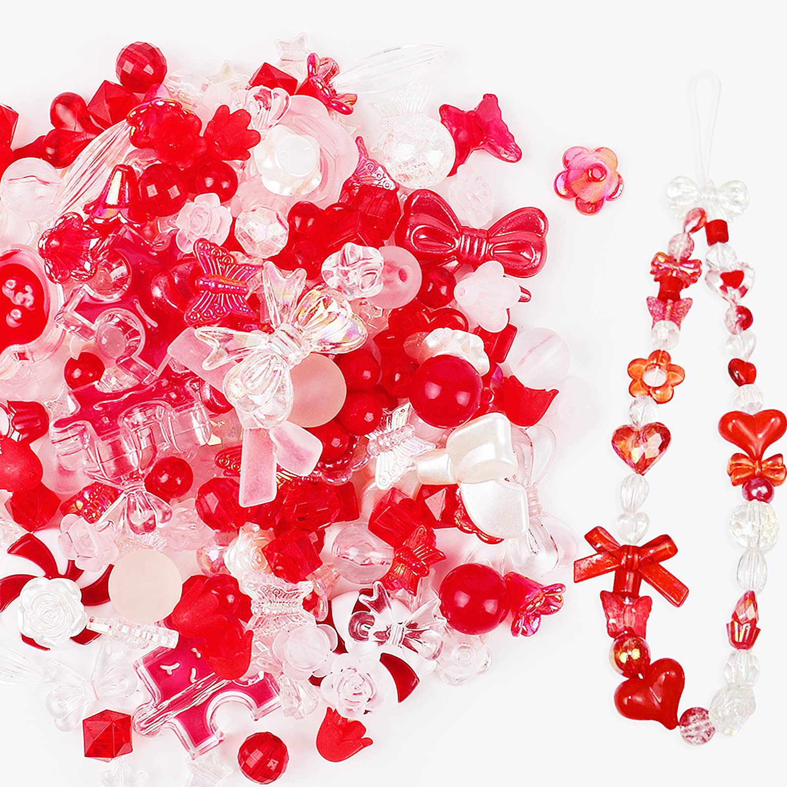 120Pcs Acrylic Red Assorted Beads Flower Heart Butterfly Candy Beads Pastel Beads Candy Color Plastic Beads Cute Round Beads Bulk for Bracelets Jewelry Making Necklaces DIY Crafts