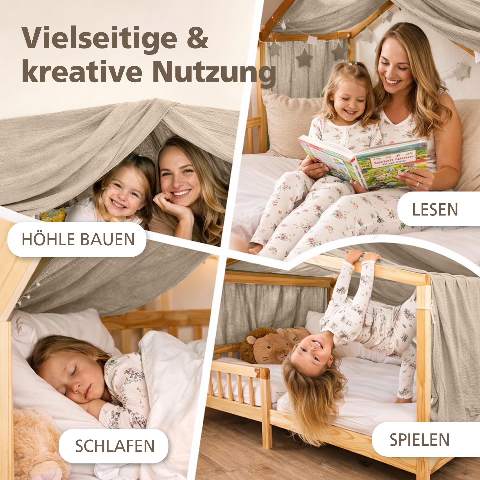 Hook Hausbett Himmel Deko Set, Betthimmel Hausbett aus Musselin - 1 Betthimmel & 1 Wimpelkette, für Jungen Mädchen Deko für Kinderzimmer, Baldachin Kinderzimmer Deko I 135 x 360cm Hellbeige
