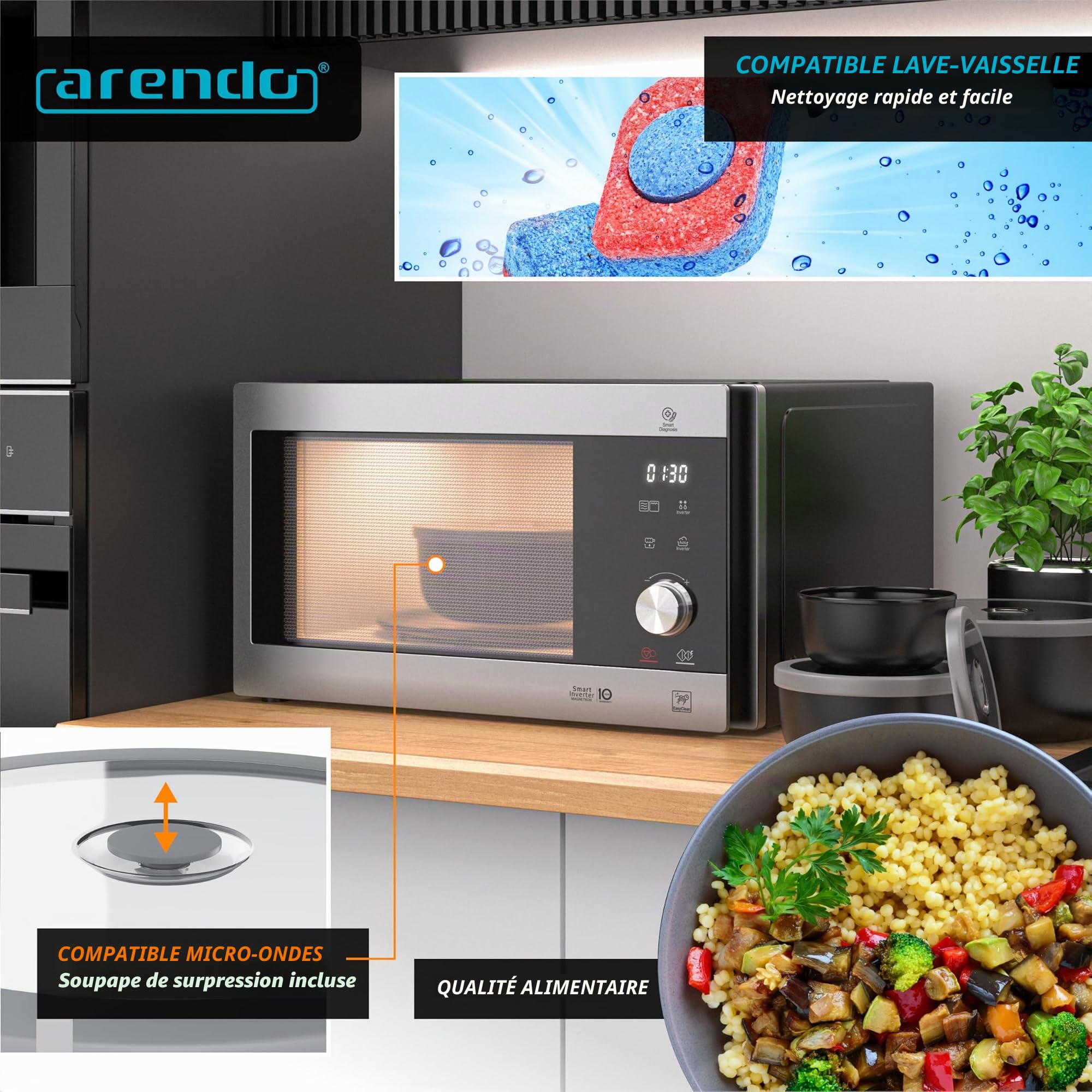 Arendo - Lot de 4 boîtes de conservation avec couvercle - Saladier - Bol mélangeur - Set de bols en différentes tailles - Convient pour un usage alimentaire - Passe au lave-vaisselle et au micro-ondes