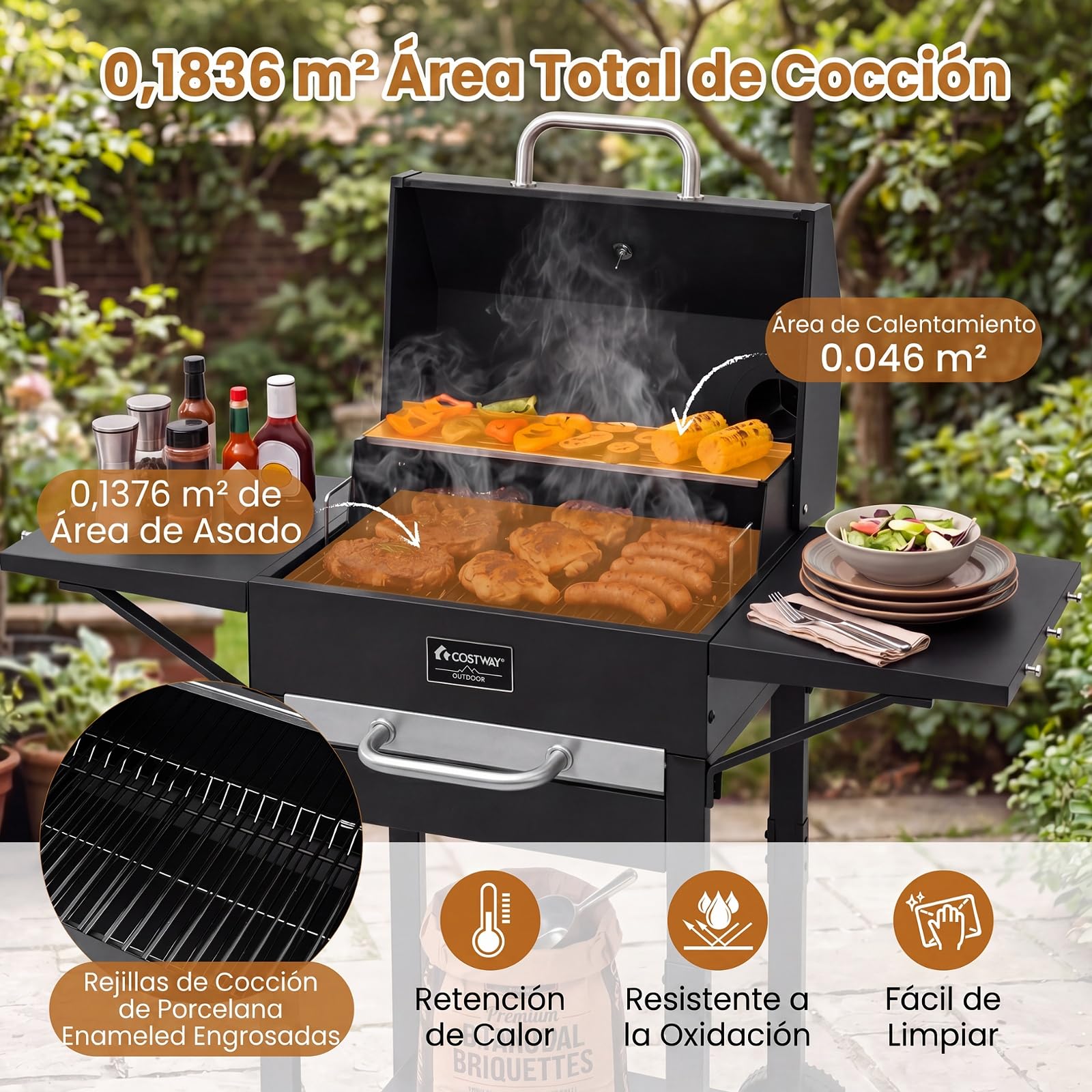 COSTWAY Barbacoa Carbón y Leña XXL con Ruedas, Tapa, 110 x 43 x 105 cm | 2 Mesitas Laterales, 6 Ganchos, Doble Rejilla de Cocción, Abrebotellas y Termómetro, Carrito Grill Portátil para Camping, Pic