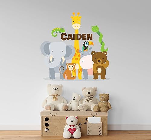Miniatura 3 de Calcomanía de pared con nombre personalizado de animales de la selva, diseño de animales de zoológico de safari para bebé, calcomanía de pared para