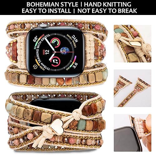Miniatura 3 de Handmade Watch Band Compatible for Apple Watch Band Boho Watch Bracelet Band Watch Strap for Iwatch Series 87654321SE (424445mm, Medium, Mahogany