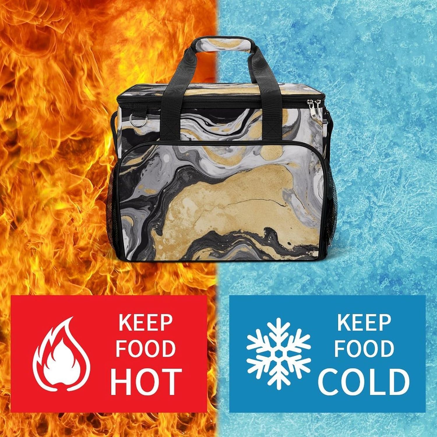 Insulated Picnic Backpack Tote Bag, Large Capacity 30L Black Golden Marble Ink Cooler Bag Leakproof Beach Bags Portable Lunch Box Waterproof Picnic Basket for Beach Camping BBQ