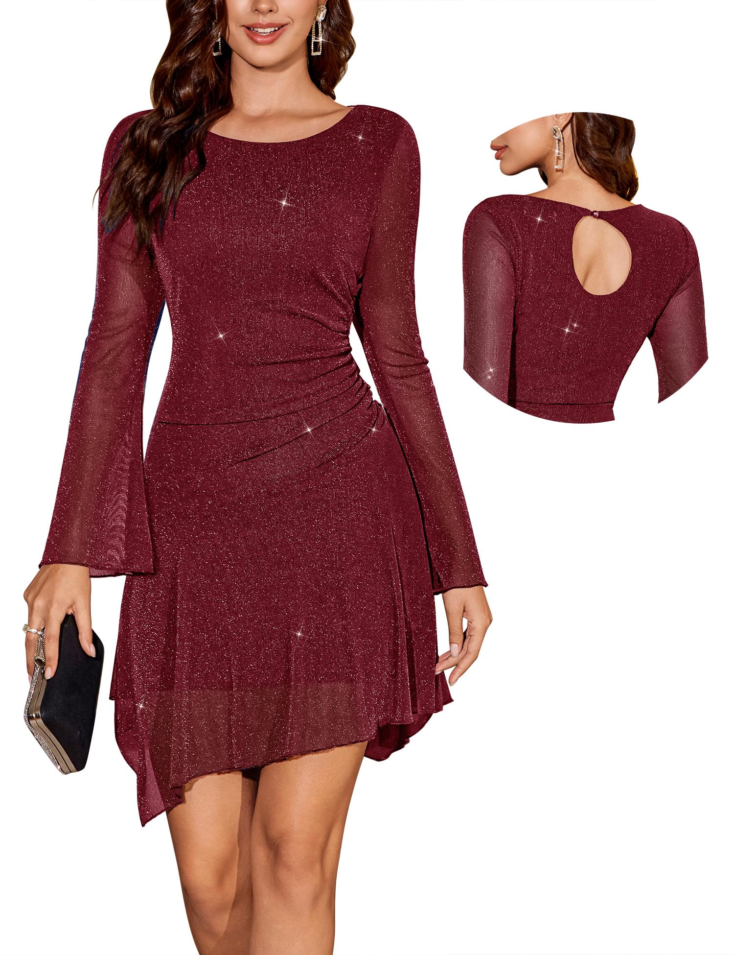 Aupuls Sparkly Dresses for Women Ruched Waist Modest Homecoming Dress Bell Sleeve for Cocktail Party