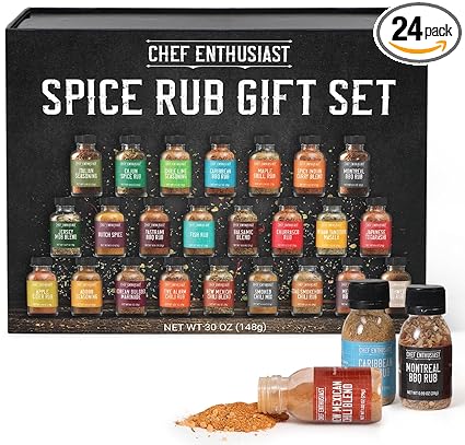 Grilling Spices & Seasoning Set - 24 Unique Gourmet BBQ Spice Rub Sampler (Kosher) - Gift Set for Birthday, Anniversary, Men, Dads, Husbands - By Chef Enthusiasts