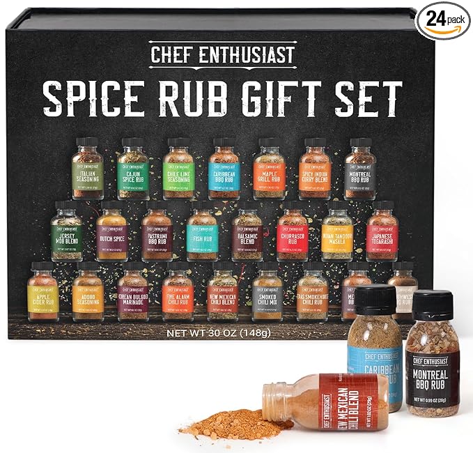 Grilling Spices & Seasoning Set - 24 Unique Gourmet BBQ Spice Rub Sampler (Kosher) - Gift Set for Birthday, Anniversary, Men, Dads, Husbands - By Chef Enthusiasts
