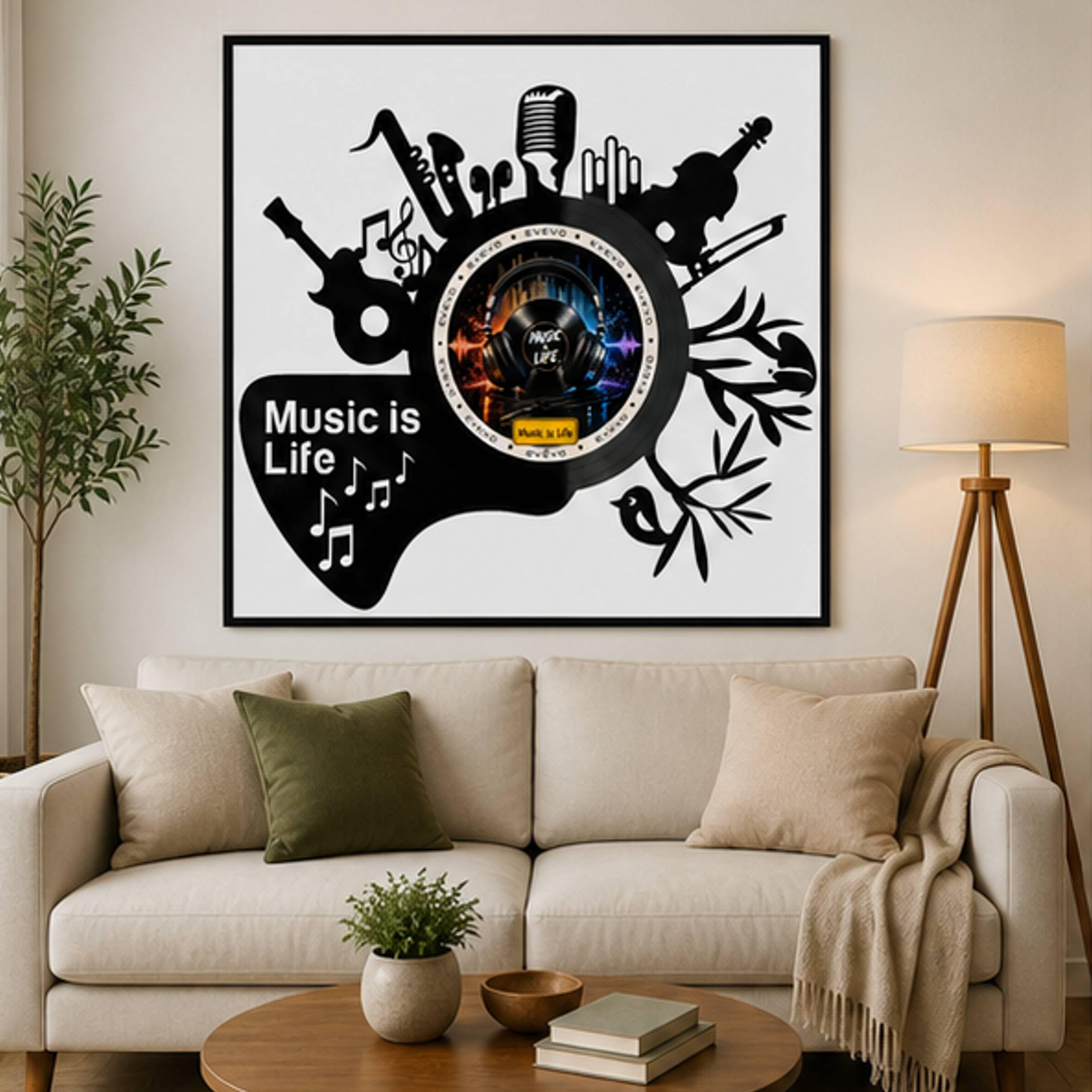 EVEVO Decorazione da parete in vinile, con cornice, 32 x 32 cm, motivo: Music is Life, idea regalo per musicisti e amanti della musica