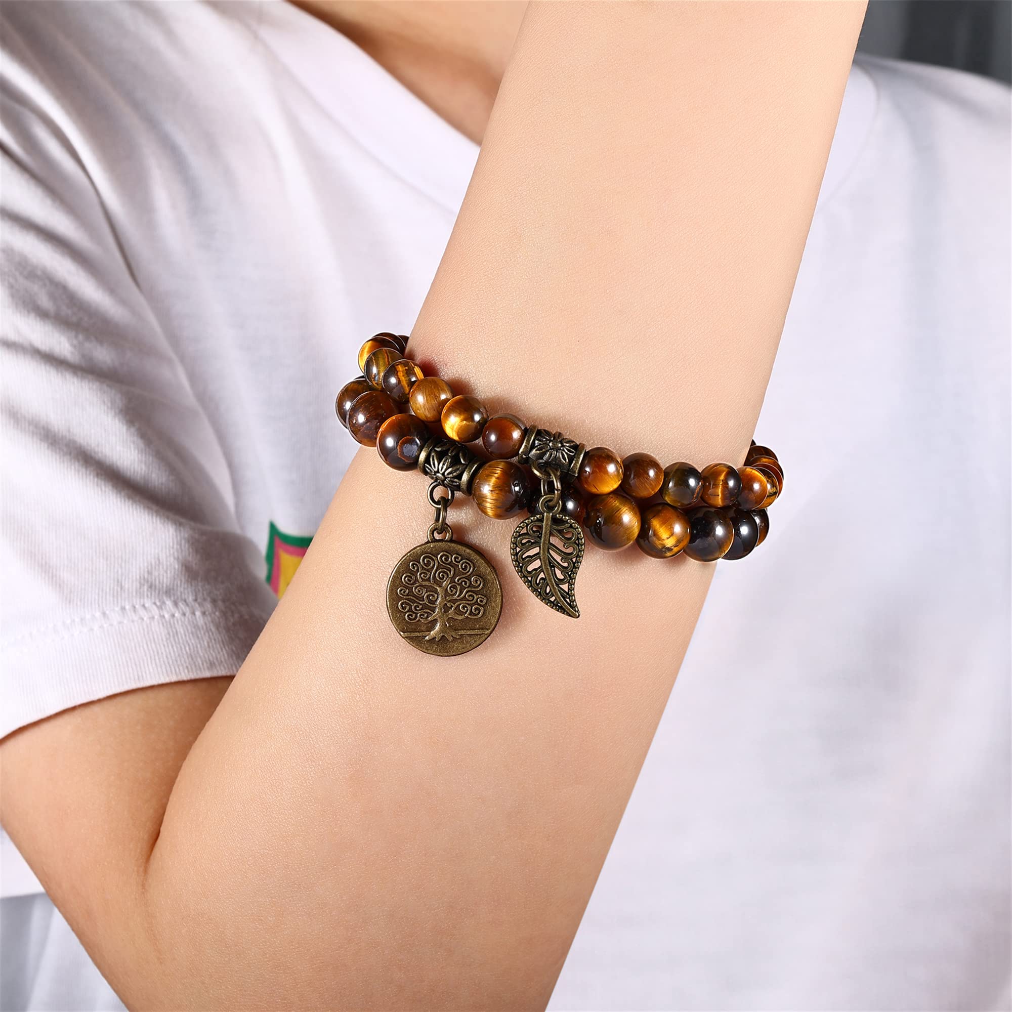 Farfume Braccialetti Chakra da donna - Bracciale con cristalli di pietre curative per donna Bracciale con pietre preziose naturali - Un set di braccialetti con doppia perla