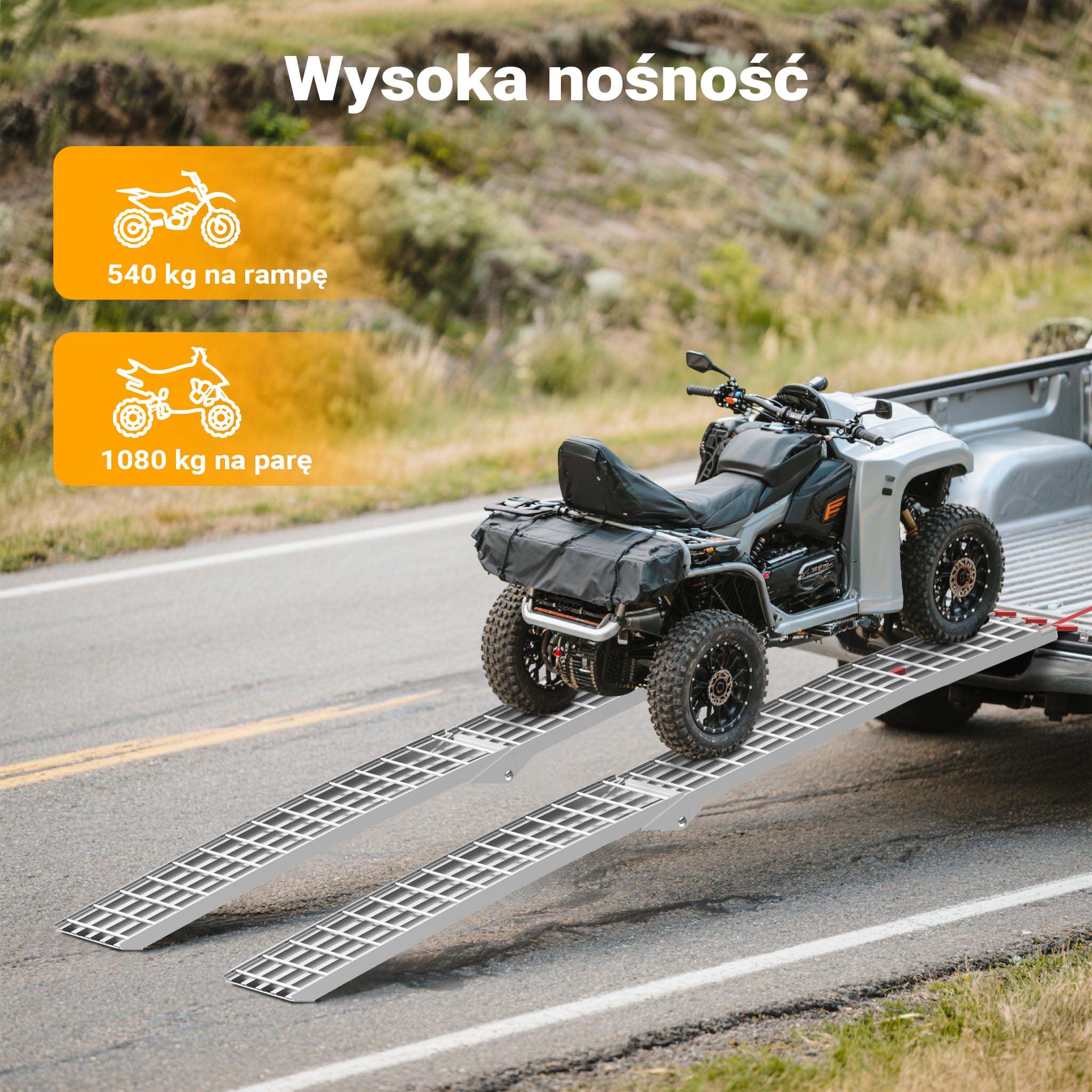 Wiltec Składany najazd aluminiowy o długości 310 cm i udźwigu 540 kg, lekka i łatwa rampa do przechowywania, do załadowania quadów i motocykli