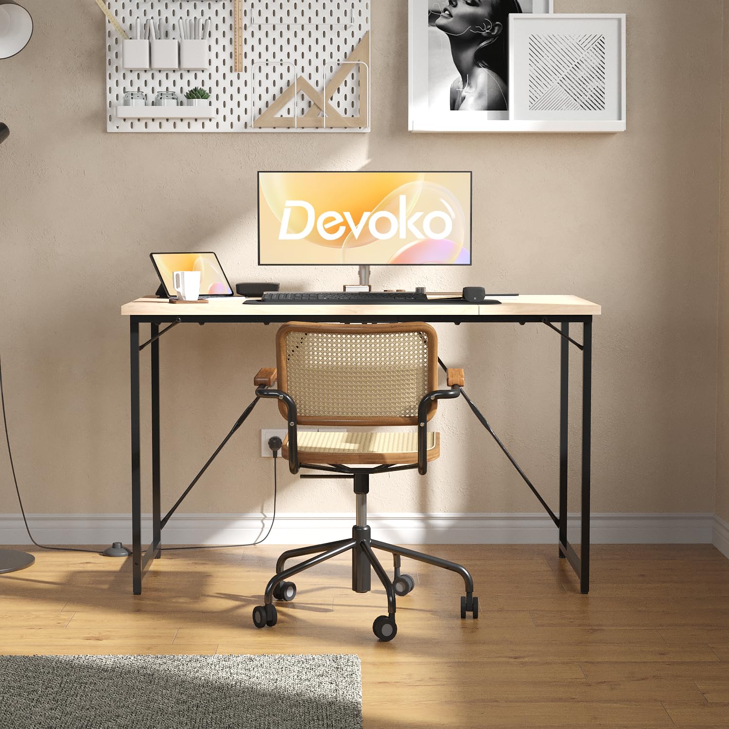 Devoko Piccola scrivania per computer, 100 x 50 x 75 cm, scrivania per ufficio, computer portatile, design industriale, tavolo da ufficio, beige