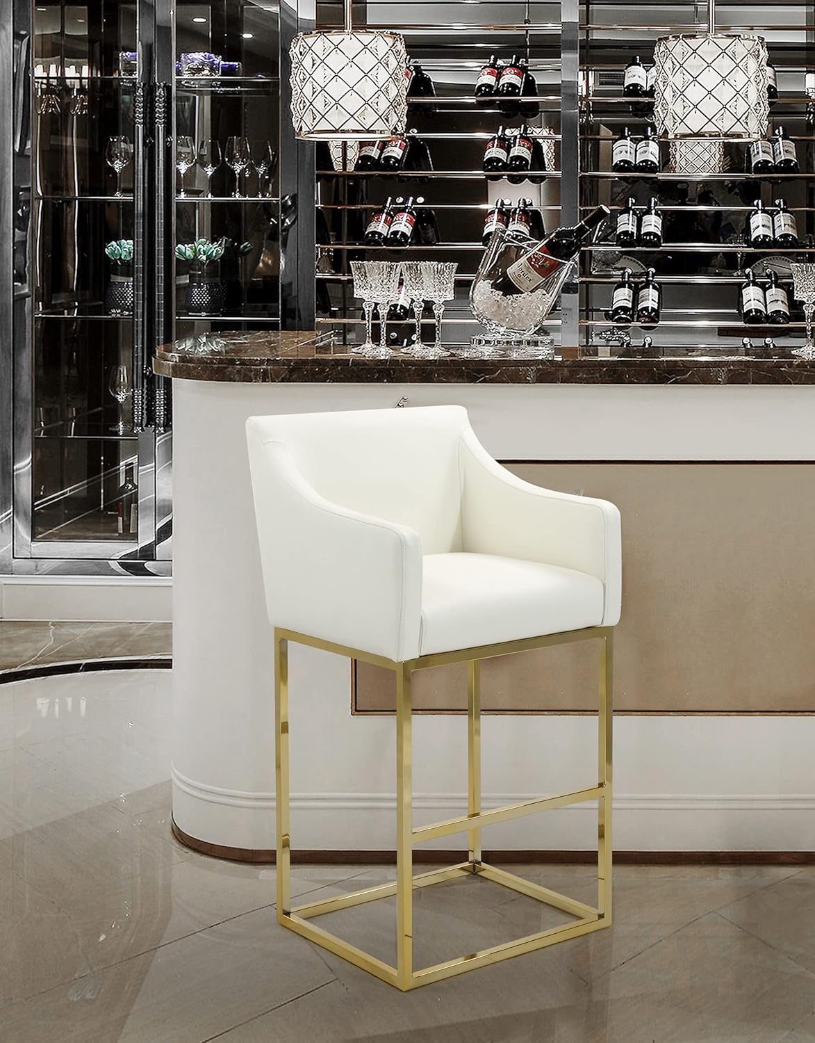 Iconic Home Bluebell Bar Stool Chair PU Leather Upholstered Slope Arm Design Architectural Goldtone Solid Metal Base Modern Contemporary, Cream BAR STOOL Cream