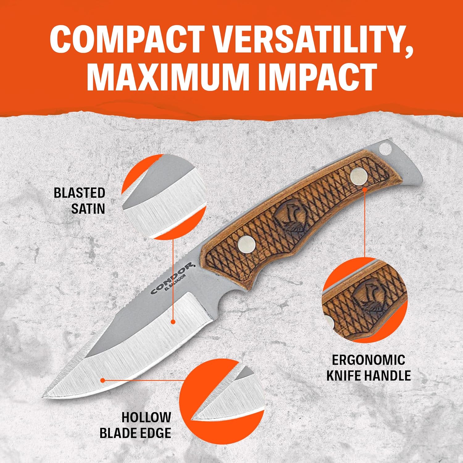 Condor Tool & Knife Okavango Hunting Knife - Stainless Steel - Walnut Handle and Hand Crafted Welted Leather Sheath - 3.42 Inches Blade - 5.29 Ounce (3.5mm Thick)