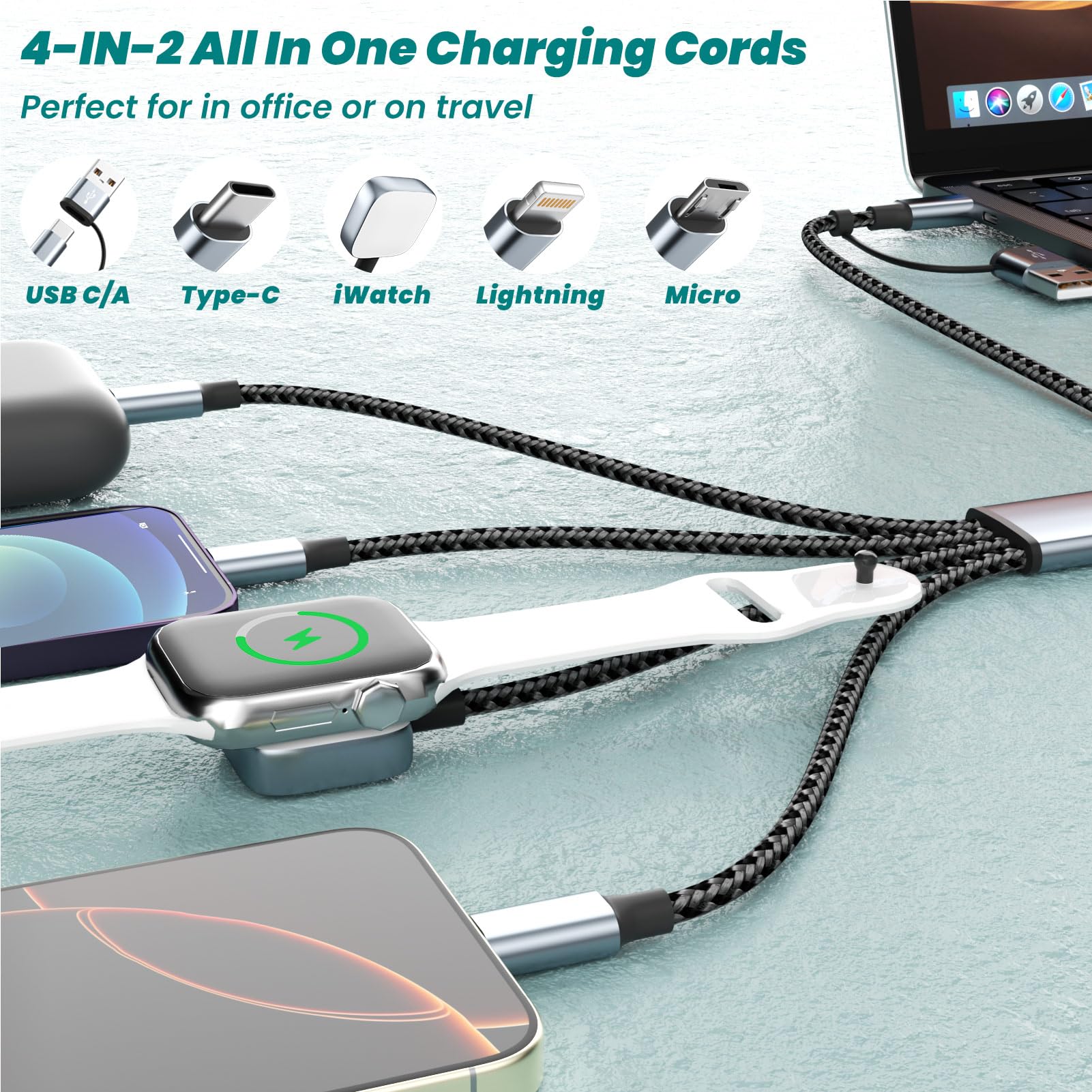 Travel Essentials 4-in-2-Multi-Ladekabel für Uhren-Ladegerät, USB-A/USB-C-Ladekabel/Kabel für alle Geräte, kompatibel mit Watch Ultra/SE/10–1, iPhone 17–11, Android und mehr