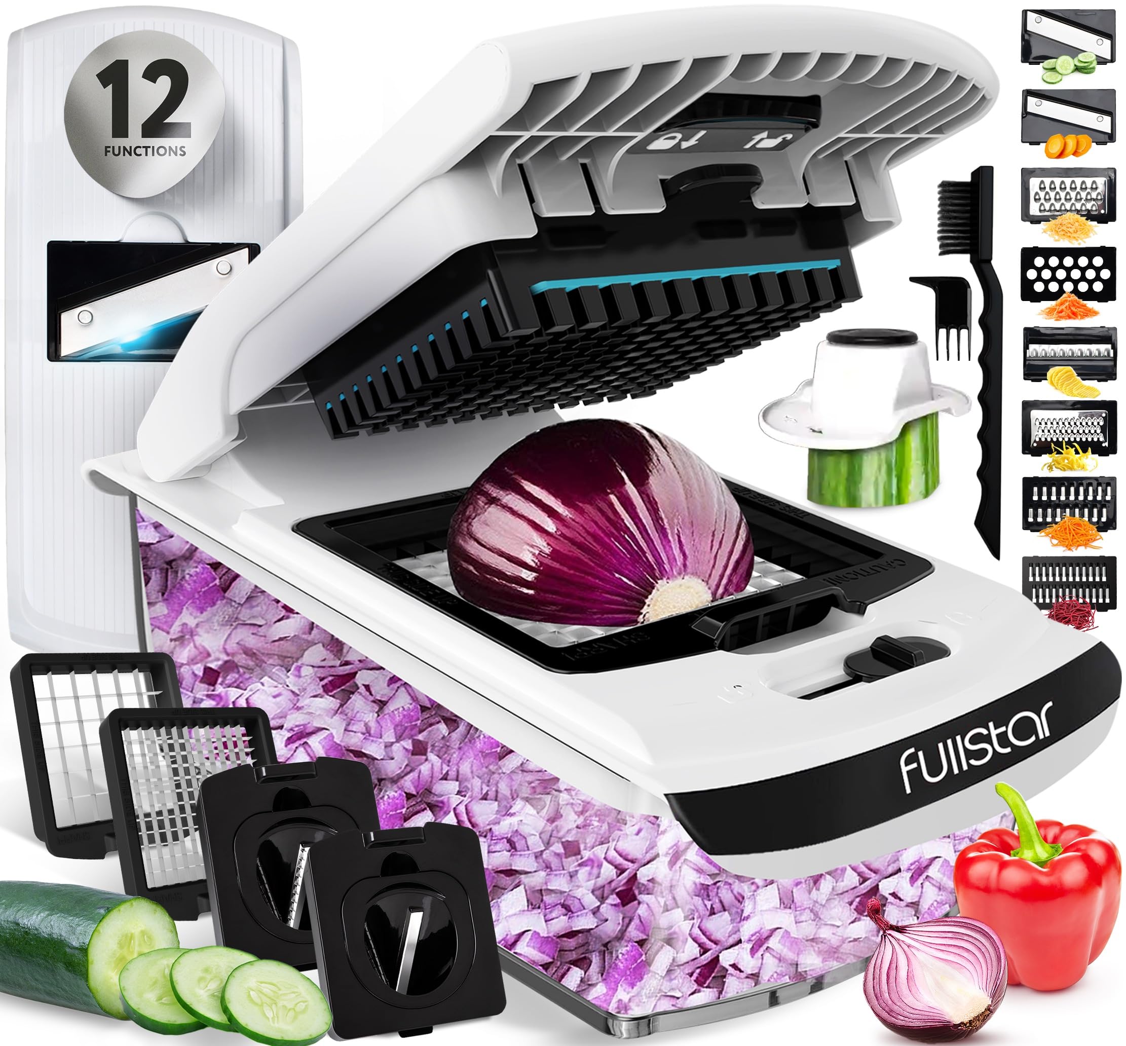 Vegetable Chopper & Mandoline Slicer with Container - Veggie Onion Salad Food Cutter Dicer - Julienne & Wavy Slicer - Grater Zester - Kitchen Tools Gadgets - Home Essentials (12-in-1 PRO White)