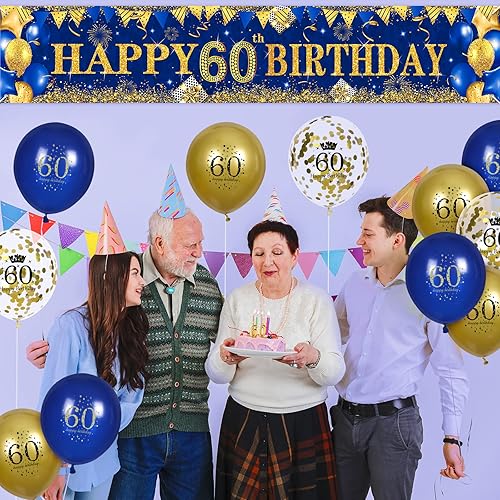 Miniatura 7 de Decoraciones de cumpleaños 60 para hombres y mujeres, pancarta de 60 cumpleaños azul marino y dorado y 18 globos de cumpleaños de 60 años,