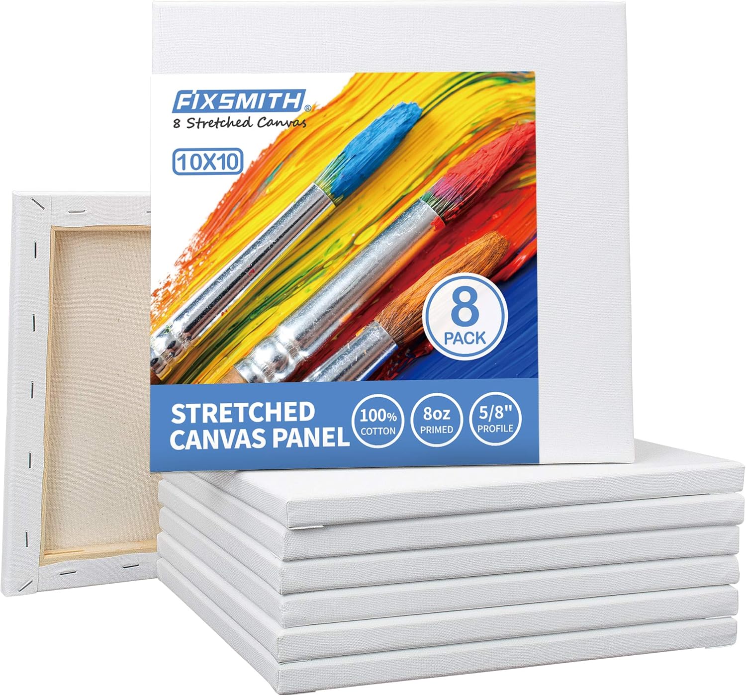 FIXSMITH Stretched White Blank Canvas - 10 x10 Inch, Bulk Pack of 8, Primed, 100% Cotton, 5/8 Inch Profile of Super Value Pack for Acrylics,Oils & Other Painting Media. - Image 2
