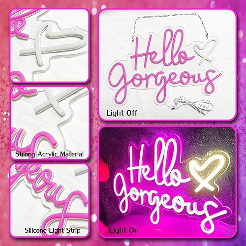 Miniatura 6 de Letrero de neón con texto en inglés "Hello Gorgeous Neon", luces LED de neón rosadas para el hogar, boda, cumpleaños, telón de fondo, fiesta de