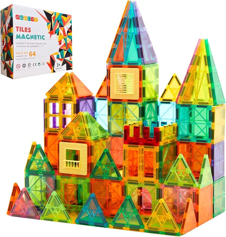 OugerToy 64 piezas de azulejos magnéticos de construcción para niños de 3 a 9 años | Bloques de apilamiento magnéticos educativos para niños y niñas, juguetes de construcción con imanes, juguetes de aprendizaje para guardería preescolar