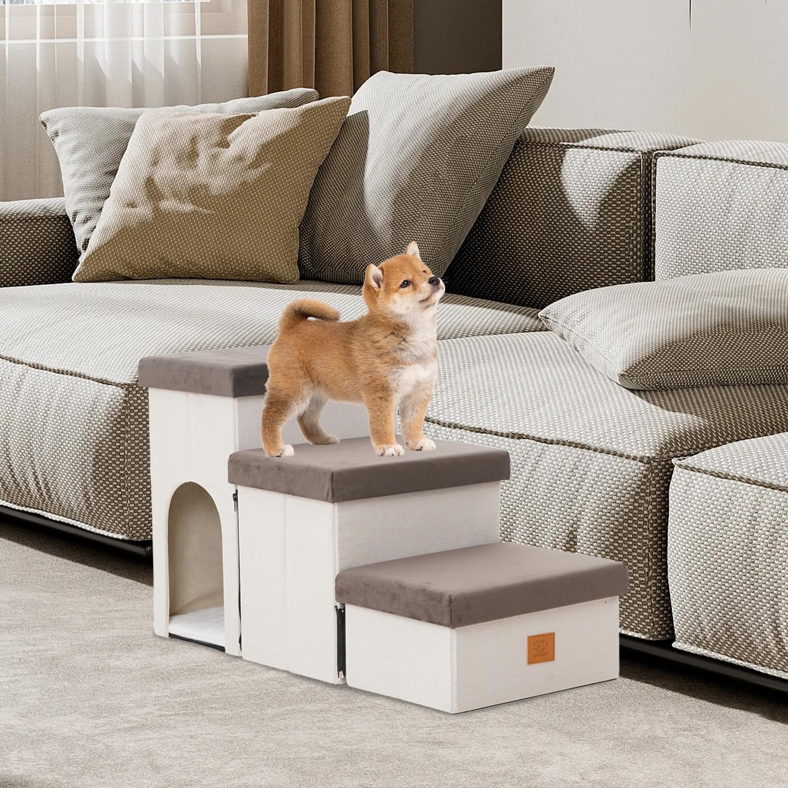 Escalera Plegable para Mascotas, Altura 44 cm, Antideslizante con Almacenamiento, Ideal para Perros Pequeños y Gatos Mayores, Uso para Cama