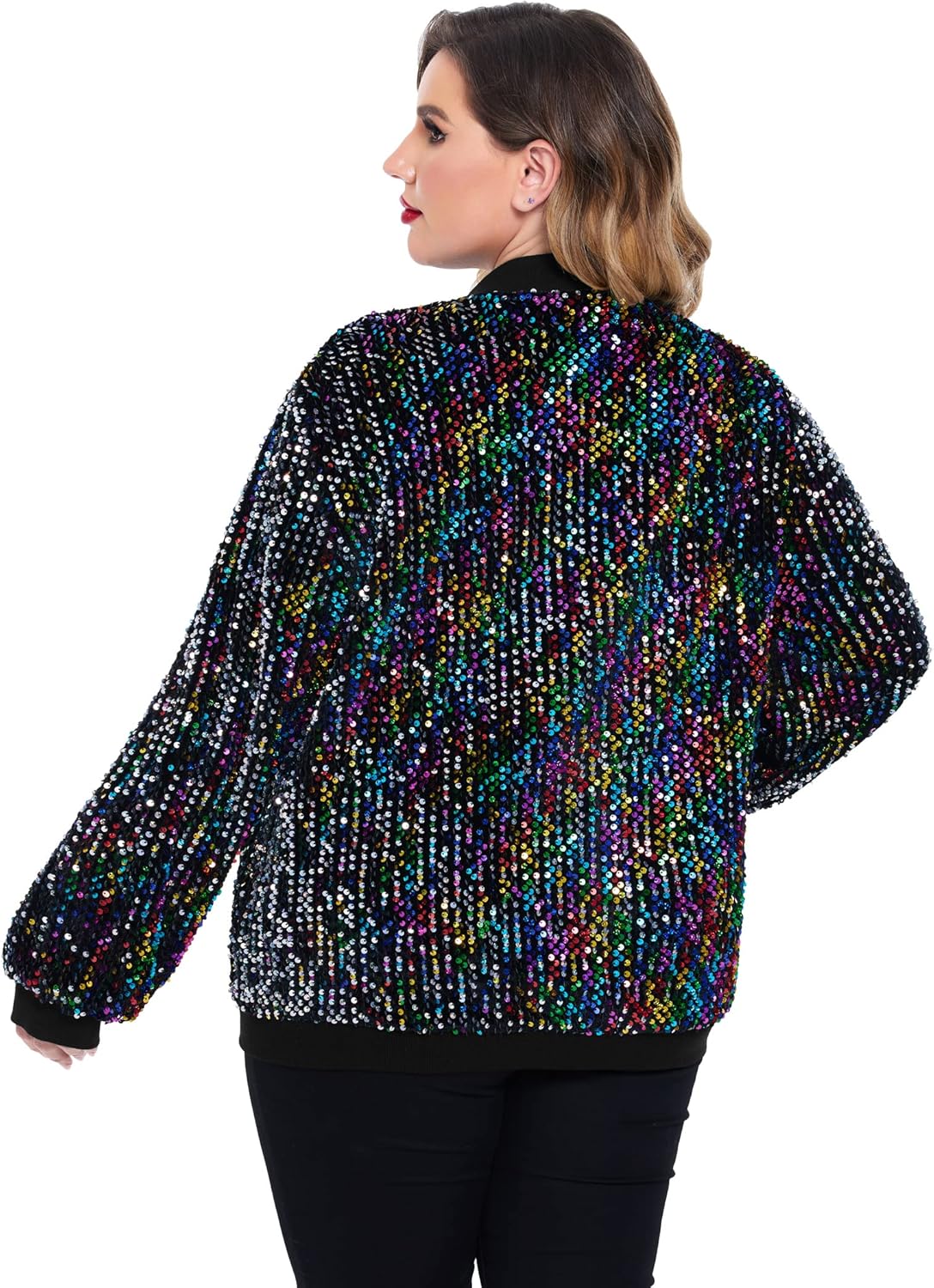 IN'VOLAND Womens Sequin Jacket Plus Size Sparkle Long Sleeve Jackets Front Zip Loose Casual Blazer Bomber Jacket with Pockets - Image 5