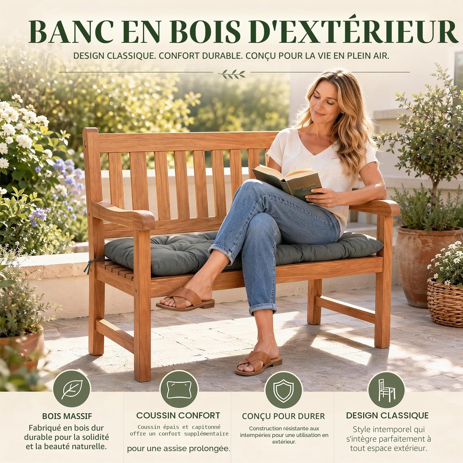 FARYODI Coussin de banc de jardin renforcé, imperméable, pour intérieur et extérieur (gris foncé, 100 x 50 x 10 cm)