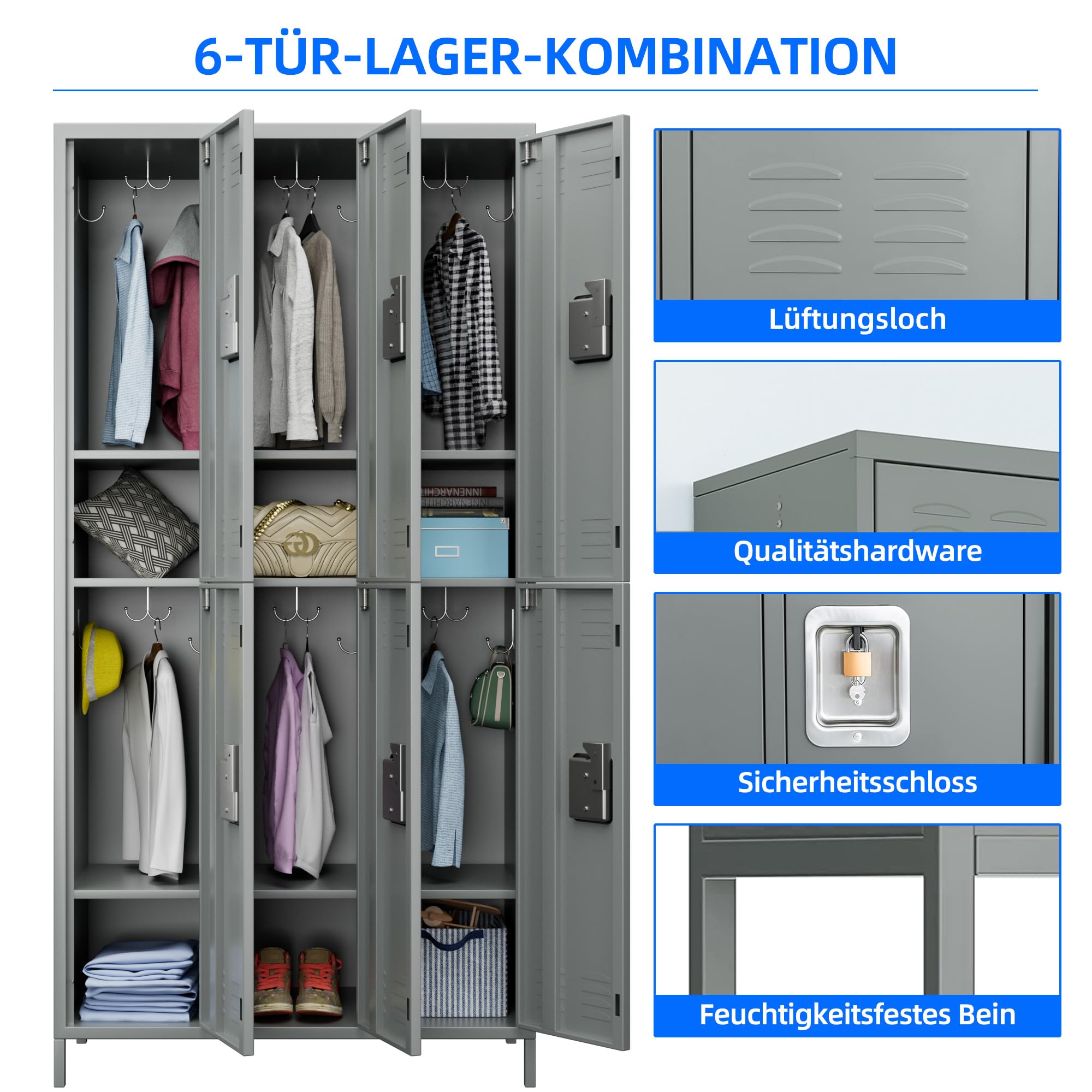 SUPEER Armoire à casiers verrouillables en métal avec 6 compartiments, armoire en métal avec fentes d'aération pour employés, gymnase, école, bureau (gris clair)