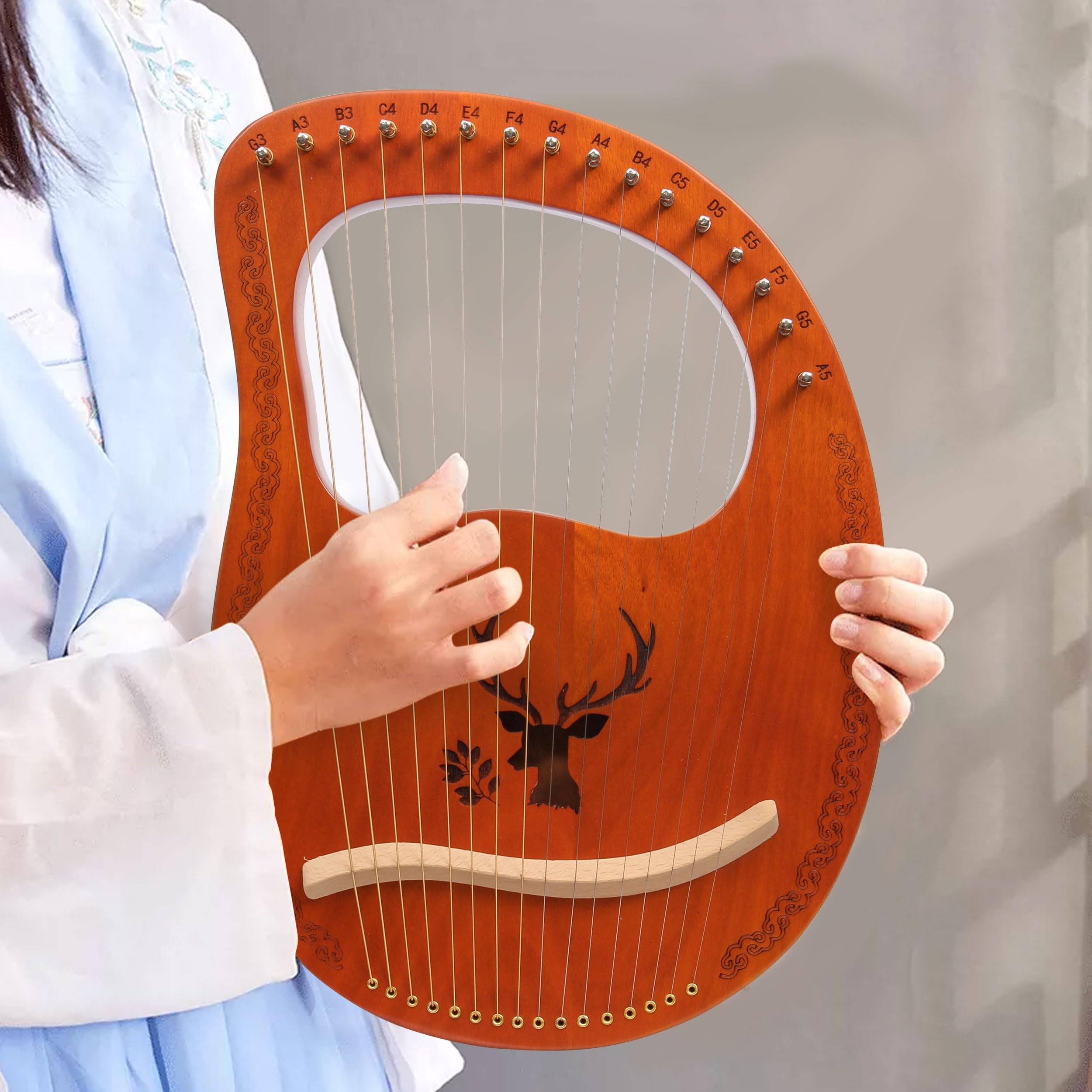 Lyre Harpe 16 Cordes Métalliques en Acajou Petite Harpe Portable Harpe Lyre Métal Selle avec Clé de Réglage et Housse Noire, Marron, Motif d'élan