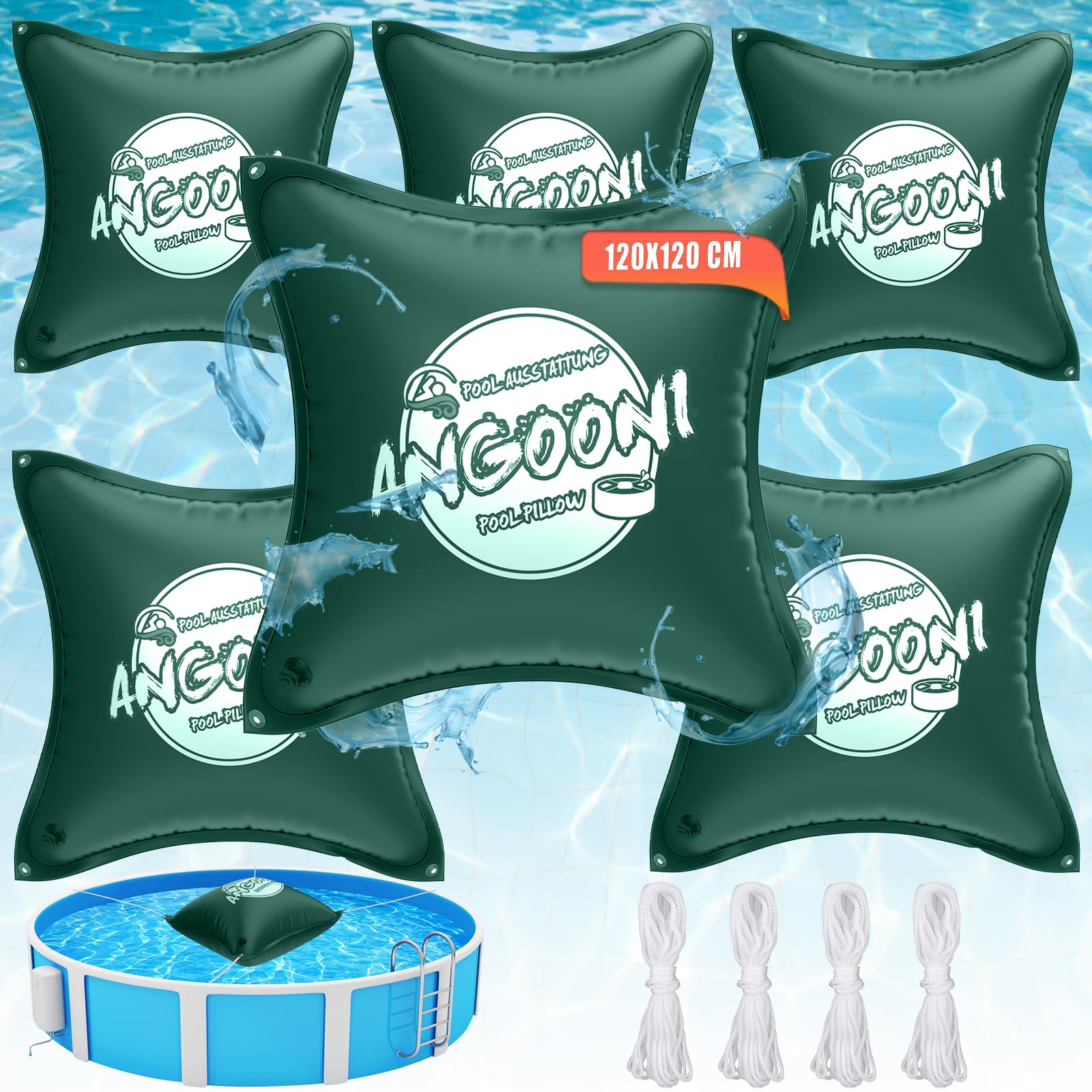 Angooni Lot de 6 coussins de piscine d'hiver XXL 120 x 120 cm | Coussin d'air pour piscine avec double couture pour couverture de piscine | Coussin de piscine pour l'hiver | Avec valve Boston double