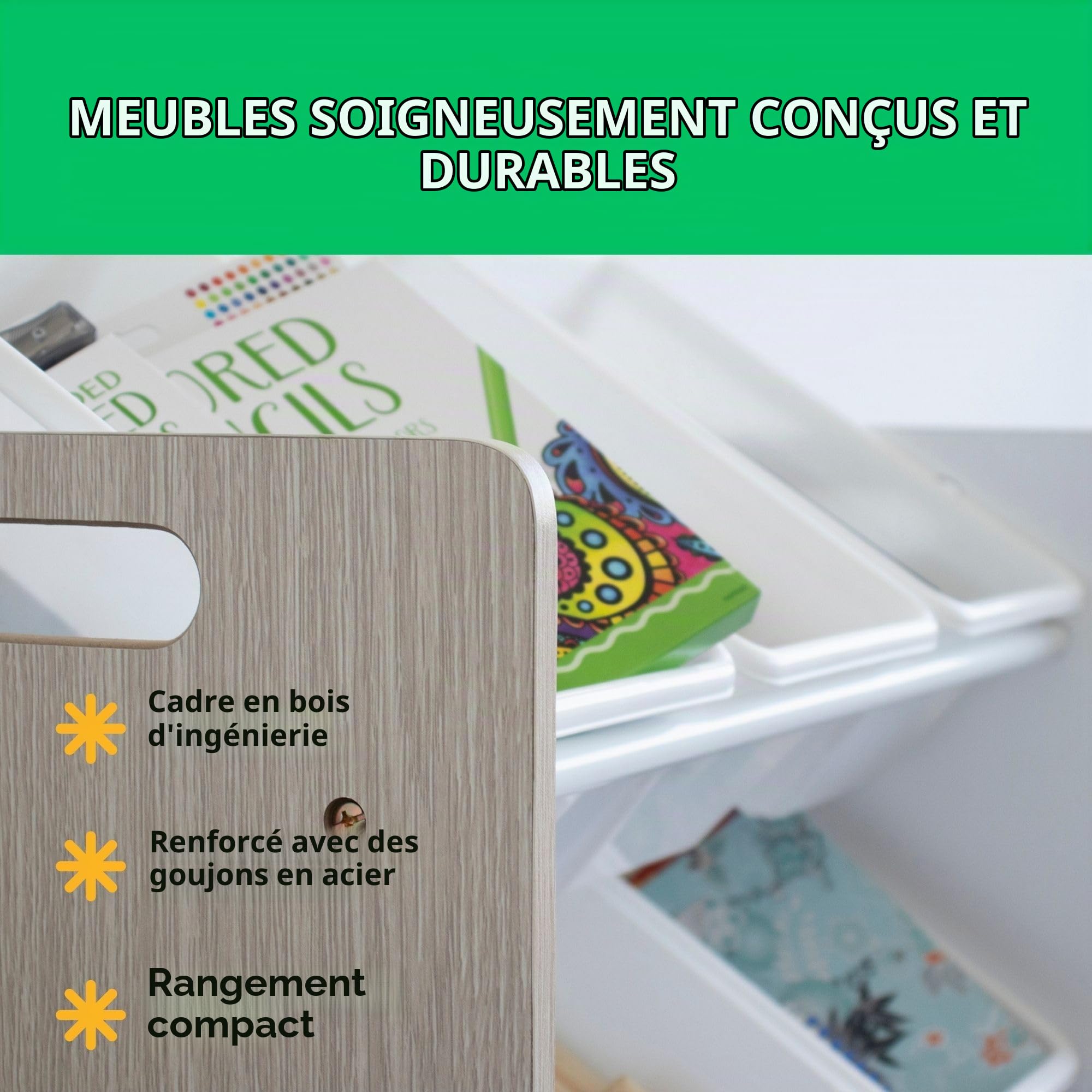 Humble Crew Étagère pour Enfants, Étagère et Organisateur de Jouets avec 9 boîtes de Rangement, chêne délavé/Blanc