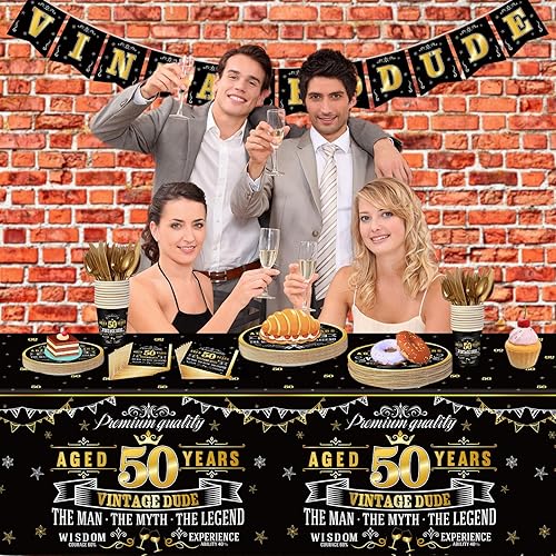 Miniatura 6 de 183 Pcs Vintage 50th PartyTablewareSet, Black Gold Vintage Happy 50 Birthday Tablecloth24Guests Dinner PlatesDessertPlateCupandNapkinsforMen Cheers