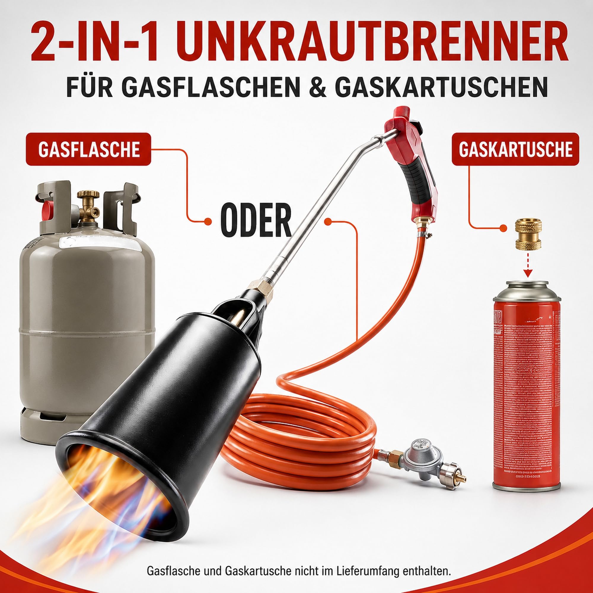 Unkrautbrenner Gas 2-in-1 – Abflammgerät mit Piezozündung für Gaskartusche & Gasflasche - bis 1.500 °C – stufenlose Flammenregelung – chemiefreie Unkrautentfernung für Garten & Hof