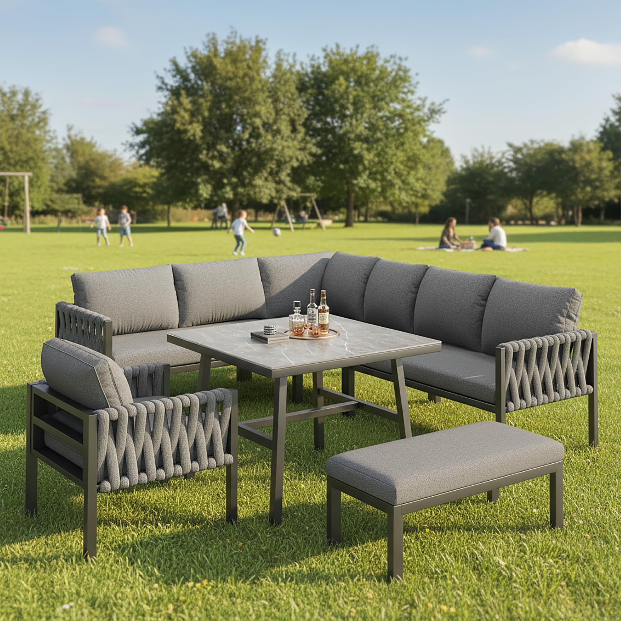 Ensemble Salon de Jardin Extérieur 6-10 Places avec Table en Verre Trempé, Salon Jardin Exterieur Canapé d'angle Moderne en Métal Galvanisé et Coussins, Gris Anthracite