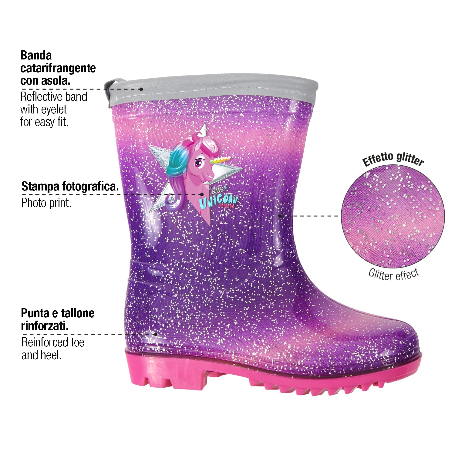 PERLETTI Botas de Agua Niñas con Unicornio - Calzado de Lluvia Niña Morado y Rosa - Botas Impermeables Infantes con Detalles Reflectantes Suela Antideslizante - Material PVC 5 Tallas
