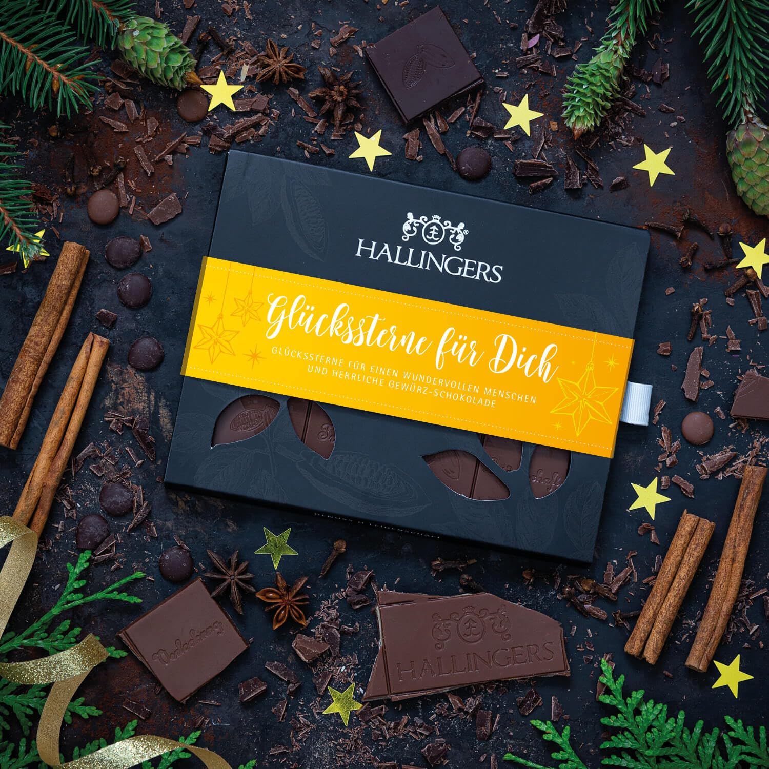 Hallingers Genuss Manufaktur Schokolade Weihnachts-Geschenk - Tafel Edelkakao handgeschöpft ohne Alkohol edler Karton 10x "Glückssterne fü..." Xmas-Gewürze, Weihnachten für Frauen Männer