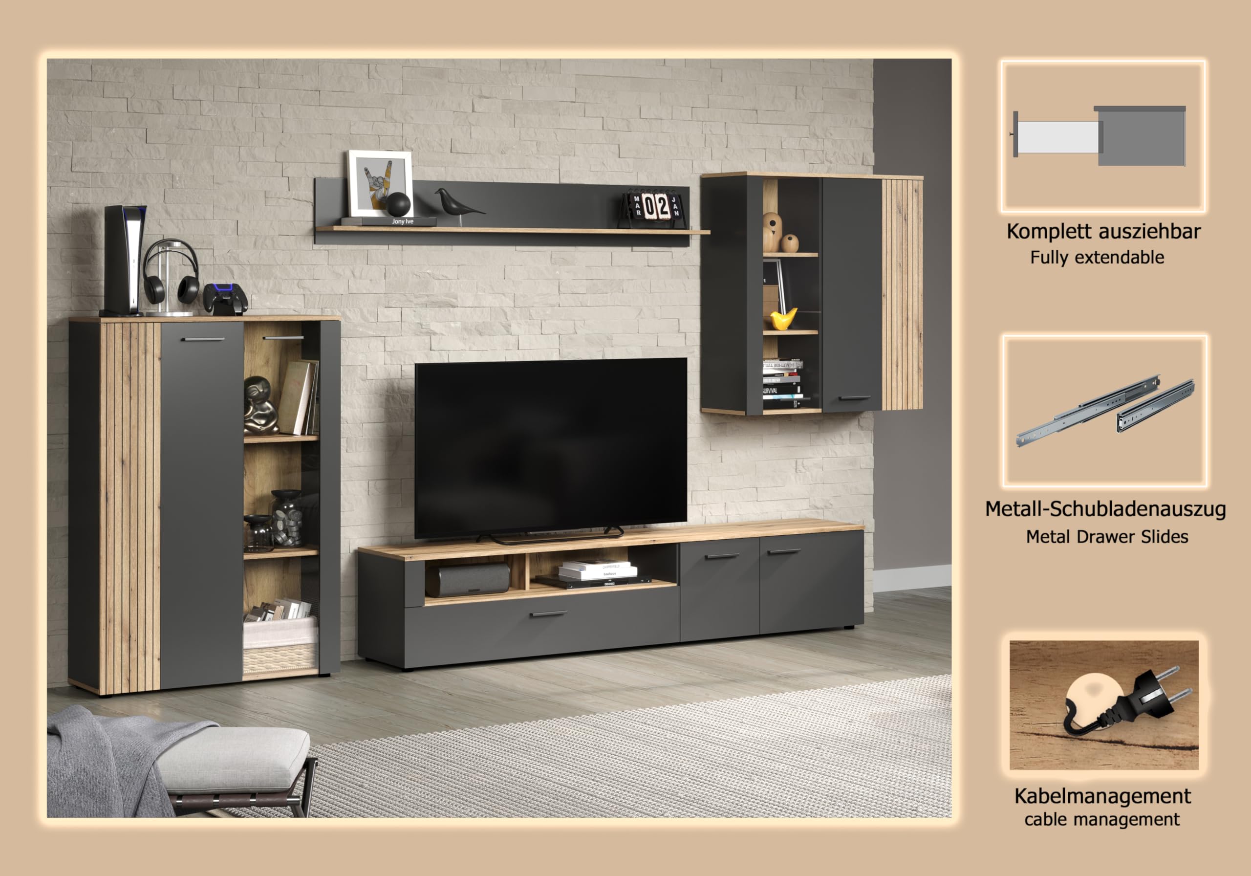 trendteam smart living - Anbauwand Wohnwand - Wohnzimmer - Esteban - Aufbaumaß (BxHxT) 300 x 200 x 41 cm - Farbe Anthrazit mit Coast Evoke Eiche - Rillenoptik - 231296184