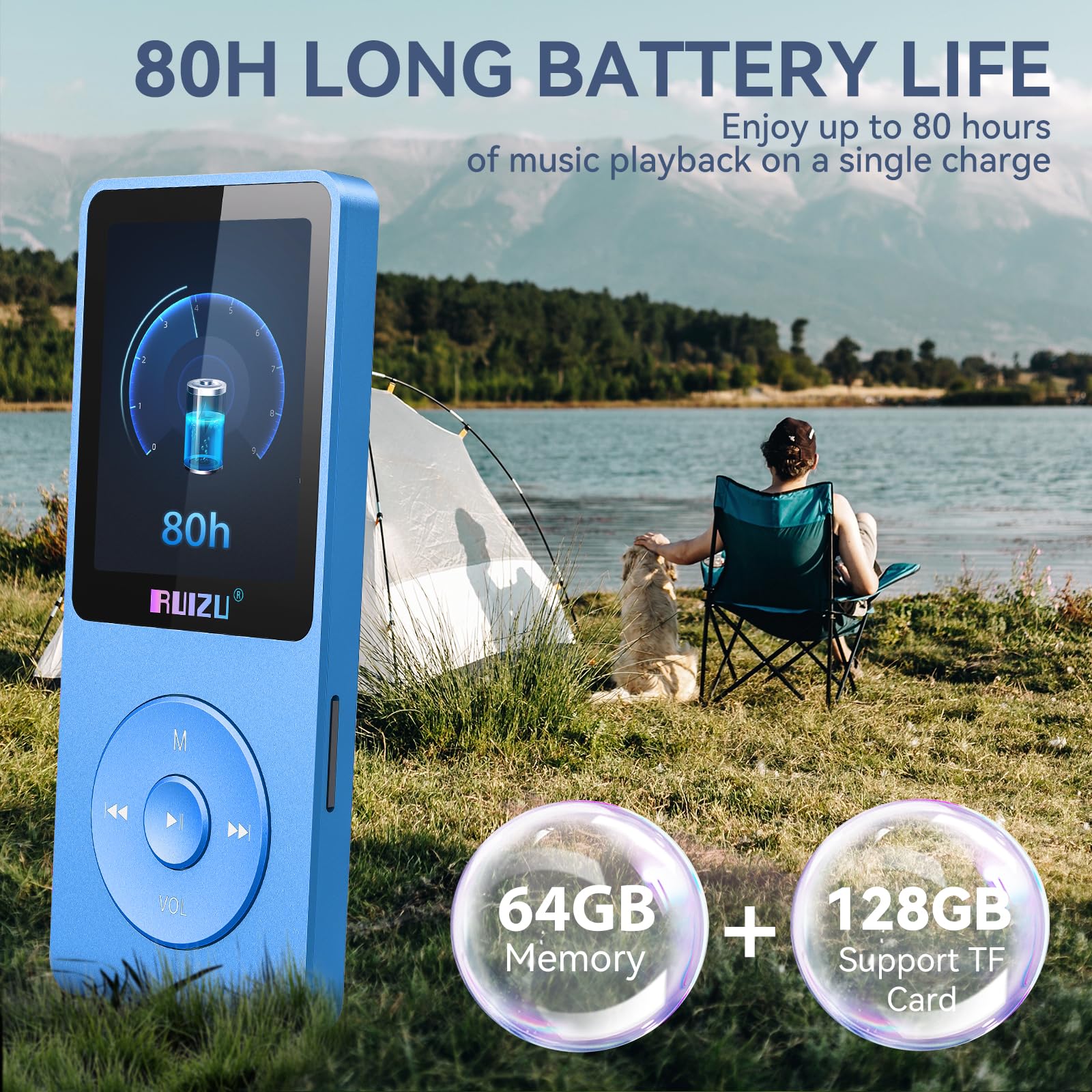 RUIZU Lecteur MP3 64Go Bluetooth 5.3 Portable avec Touches Physiques