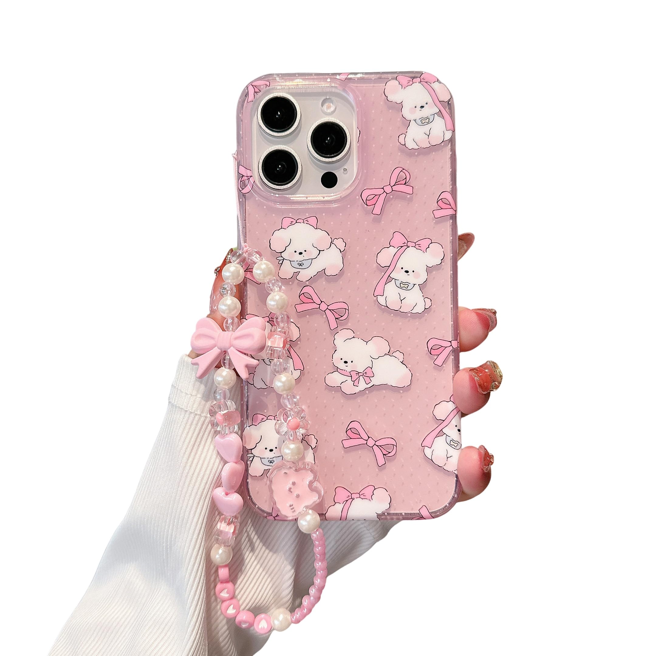 Compatible with iPhone 16 Pro max Pink Transparent Case Cute Kawaii Cartoon Dog, Pink Bow Design Pattern, with Delicate Bracelet FIM Technology