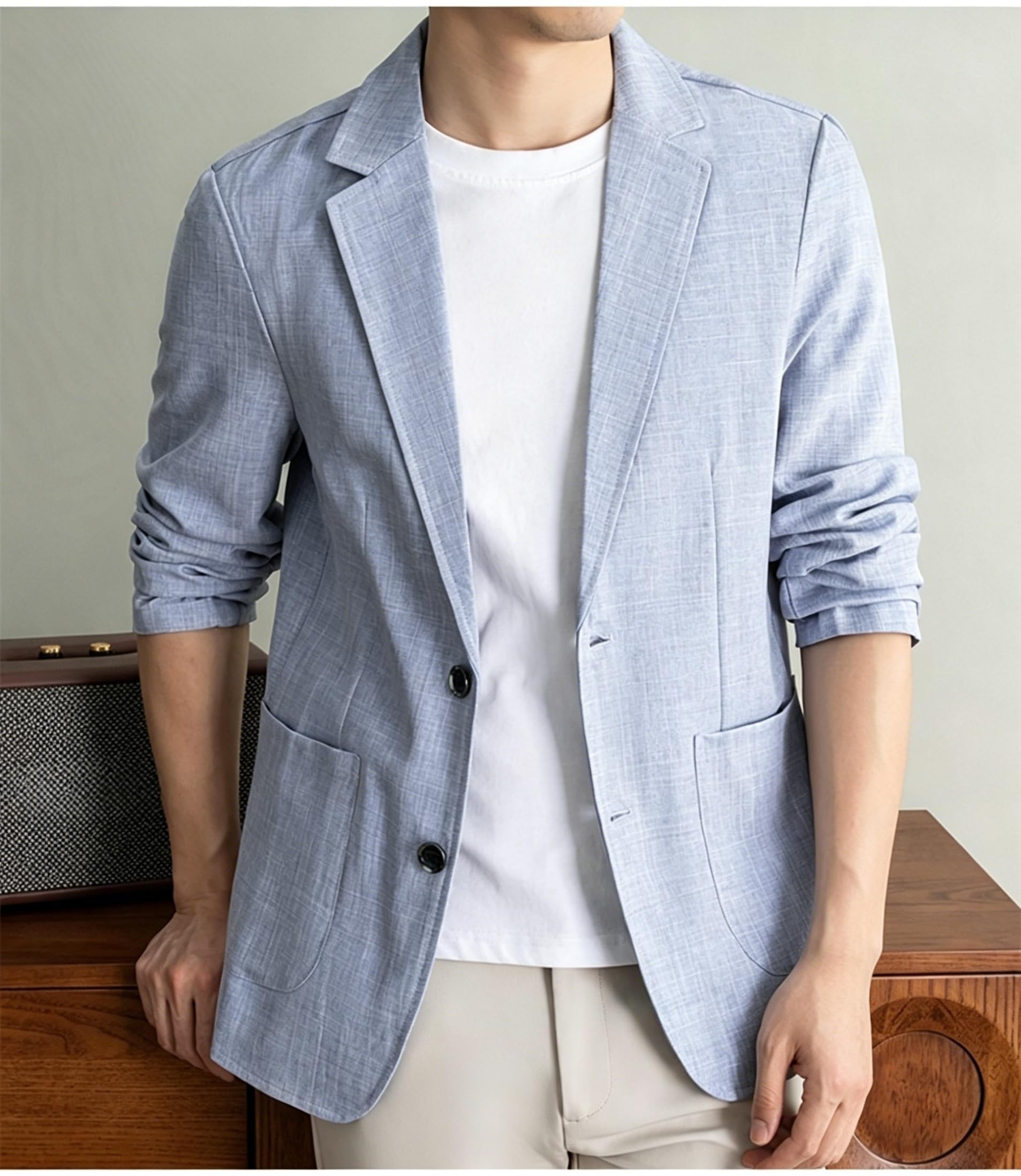 Blazer Estivo Casual da Uomo in Lino Sfoderato con Due Bottoni Revers A Tacca Giacca Sportiva Testurizzata Blazer da Ufficio Leggero per Viaggi Quotidiani.