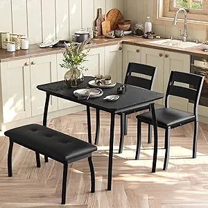 GAOMON Dining Table Set for 4, Wooden Kitchen Table with Upholstered Bench & 2 Cushion Chairs, Space-Saving Dinette Set for Studio, Kitchen, Dining Room, Apartment(43''x28''x30''), Black