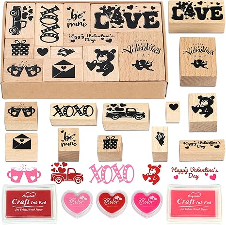 17 Pcs Valentine Wooden Rubber Stamps and Craft Ink Pads DIY Craft Card Stamps Pads for Scrapbooking Kids Art Project Paper Wood Fabric Advent Holiday Stamps (Love)