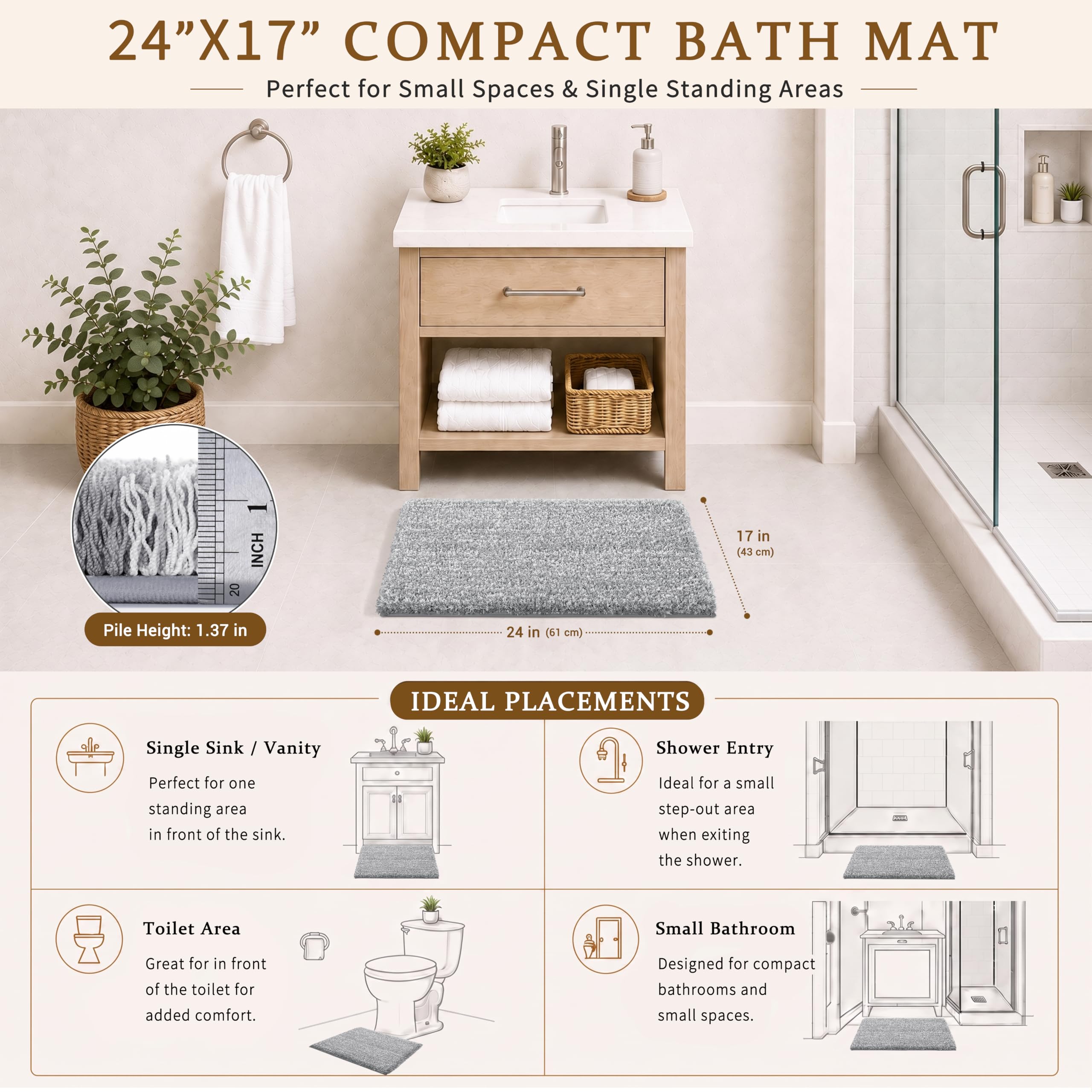 Light Gray and White Non Slip Washable Bathroom Rug D627